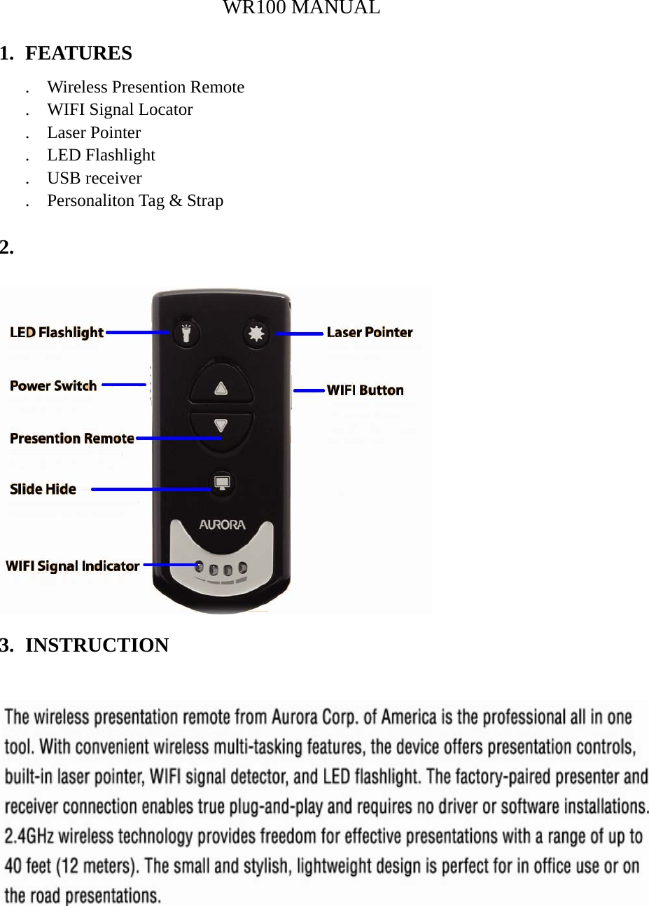 Aurora Office Equipment WR100 WiFi Locator and Presentation Remote User