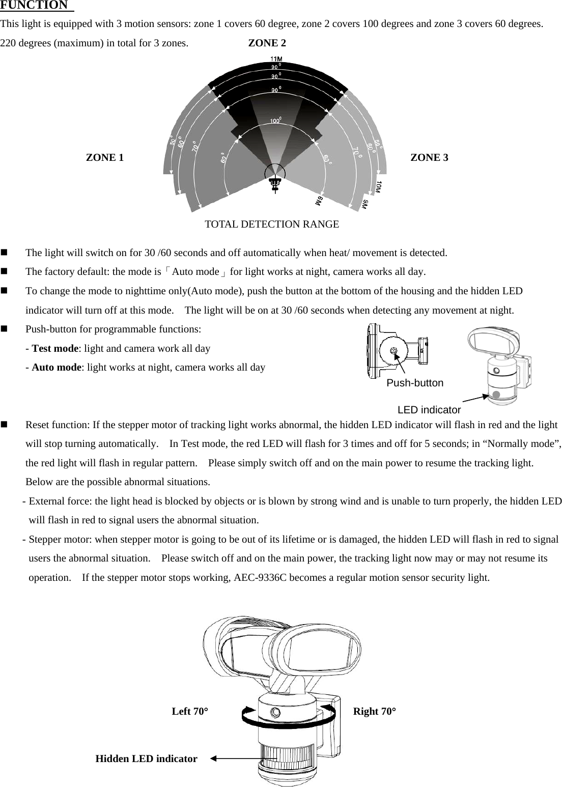 FUNCTION   This light is equipped with 3 motion sensors: zone 1 covers 60 degree, zone 2 covers 100 degrees and zone 3 covers 60 degrees.   220 degrees (maximum) in total for 3 zones.              The light will switch on for 30 /60 seconds and off automatically when heat/ movement is detected.  The factory default: the mode is「Auto mode」for light works at night, camera works all day.  To change the mode to nighttime only(Auto mode), push the button at the bottom of the housing and the hidden LED indicator will turn off at this mode.    The light will be on at 30 /60 seconds when detecting any movement at night.  Push-button for programmable functions:     - Test mode: light and camera work all day         - Auto mode: light works at night, camera works all day          Reset function: If the stepper motor of tracking light works abnormal, the hidden LED indicator will flash in red and the light will stop turning automatically.    In Test mode, the red LED will flash for 3 times and off for 5 seconds; in “Normally mode”, the red light will flash in regular pattern.    Please simply switch off and on the main power to resume the tracking light.     Below are the possible abnormal situations. - External force: the light head is blocked by objects or is blown by strong wind and is unable to turn properly, the hidden LED will flash in red to signal users the abnormal situation.     - Stepper motor: when stepper motor is going to be out of its lifetime or is damaged, the hidden LED will flash in red to signal users the abnormal situation.    Please switch off and on the main power, the tracking light now may or may not resume its operation.    If the stepper motor stops working, AEC-9336C becomes a regular motion sensor security light.            Left 70° Right 70°Hidden LED indicator ZONE 1 ZONE 2ZONE 3 TOTAL DETECTION RANGE Push-button   LED indicator 