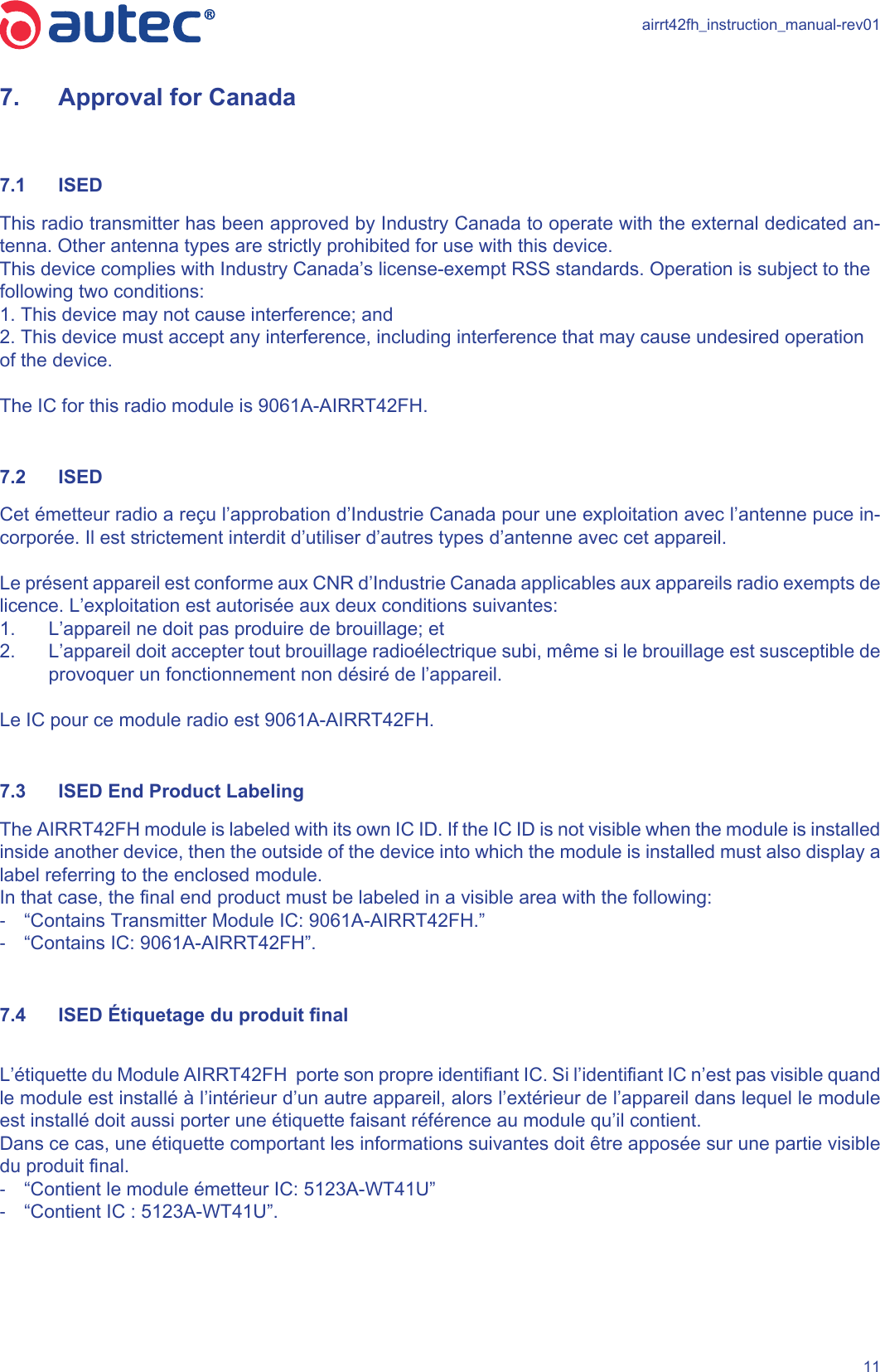 airrt42fh_instruction_manual-rev01117.  Approval for Canada7.1  ISEDThis radio transmitter has been approved by Industry Canada to operate with the external dedicated an-tenna. Other antenna types are strictly prohibited for use with this device.This device complies with Industry Canada’s license-exempt RSS standards. Operation is subject to thefollowing two conditions:1. This device may not cause interference; and2. This device must accept any interference, including interference that may cause undesired operationof the device.The IC for this radio module is 9061A-AIRRT42FH.7.2  ISEDCet émetteur radio a reçu l’approbation d’Industrie Canada pour une exploitation avec l’antenne puce in-corporée. Il est strictement interdit d’utiliser d’autres types d’antenne avec cet appareil. Le présent appareil est conforme aux CNR d’Industrie Canada applicables aux appareils radio exempts delicence. L’exploitation est autorisée aux deux conditions suivantes:1.  L’appareil ne doit pas produire de brouillage; et2.  L’appareil doit accepter tout brouillage radioélectrique subi, même si le brouillage est susceptible de provoquer un fonctionnement non désiré de l’appareil.Le IC pour ce module radio est 9061A-AIRRT42FH.7.3  ISED End Product LabelingThe AIRRT42FH module is labeled with its own IC ID. If the IC ID is not visible when the module is installed inside another device, then the outside of the device into which the module is installed must also display a label referring to the enclosed module. In that case, the nal end product must be labeled in a visible area with the following: -“Contains Transmitter Module IC: 9061A-AIRRT42FH.” -“Contains IC: 9061A-AIRRT42FH”. 7.4  ISED Étiquetage du produit nalL’étiquette du Module AIRRT42FH  porte son propre identiant IC. Si l’identiant IC n’est pas visible quand le module est installé à l’intérieur d’un autre appareil, alors l’extérieur de l’appareil dans lequel le module est installé doit aussi porter une étiquette faisant référence au module qu’il contient. Dans ce cas, une étiquette comportant les informations suivantes doit être apposée sur une partie visible du produit nal. -“Contient le module émetteur IC: 5123A-WT41U”  -“Contient IC : 5123A-WT41U”.