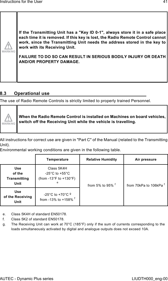 AUTEC - Dynamic Plus seriesInstructions for the User 41LIUDTH000_eng-00If the Transmitting Unit has a &quot;Key ID 0-1&quot;, always store it in a safe place each time it is removed. If this key is lost, the Radio Remote Control cannot work, since the Transmitting Unit needs the address stored in the key to work with its Receiving Unit.FAILURE TO DO SO CAN RESULT IN SERIOUS BODILY INJURY OR DEATH AND/OR PROPERTY DAMAGE.8.3  Operational useThe use of Radio Remote Controls is strictly limited to properly trained Personnel.When the Radio Remote Control is installed on Machines on board vehicles, switch o the Receiving Unit while the vehicle is travelling.All instructions for correct use are given in &quot;Part C&quot; of the Manual (related to the Transmitting Unit).Environmental working conditions are given in the following table.Temperature Relative Humidity Air pressureUse  of the Transmitting  UnitClass 5K4H-25°C to +55°C(from -13°F to +130°F) efrom 5% to 95% ffrom 70kPa to 106kPa fUse  of the Receiving  Unit-25°C to +70°C gfrom -13% to +158% fe.  Class 5K4H of standard EN50178.f.  Class 5K2 of standard EN50178.g.  The Receiving Unit can work at 70°C (185°F) only if the sum of currents corresponding to the loads simultaneously activated by digital and analogue outputs does not exceed 10A.