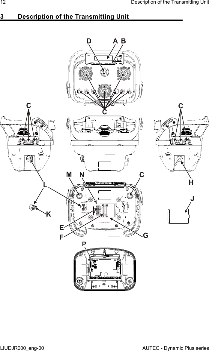 12LIUDJR000_eng-00Description of the Transmitting UnitAUTEC - Dynamic Plus series3  Description of the Transmitting UnitPAUTEC srlvia Pomaroli, 65 Caldogno (VI) ITALYTA1343-00   BATTERY  ................................... MBM06MH  (7.2V       )   ............................................................ LPM02  (7.4V       )RADIO MODULE  .........................................  FSAACI02AFREQUENCY RANGE ................................  863-870MHzRF POWER  ............................................... &lt;25mW  ERP FREQUENCY RANGE ................................  915-928MHzRF POWER  ............................................... &lt;50mW  ERP 