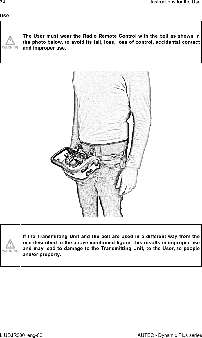 34LIUDJR000_eng-00Instructions for the UserAUTEC - Dynamic Plus seriesUseThe User  must  wear the Radio Remote Control  with the belt as shown  in the photo below, to avoid its fall, loss, loss of control, accidental contact and improper use.If the Transmitting Unit and the belt are  used  in  a  dierent  way  from the one described in the above mentioned gure, this results in improper use and may lead to damage to the Transmitting Unit, to the User, to people and/or property.