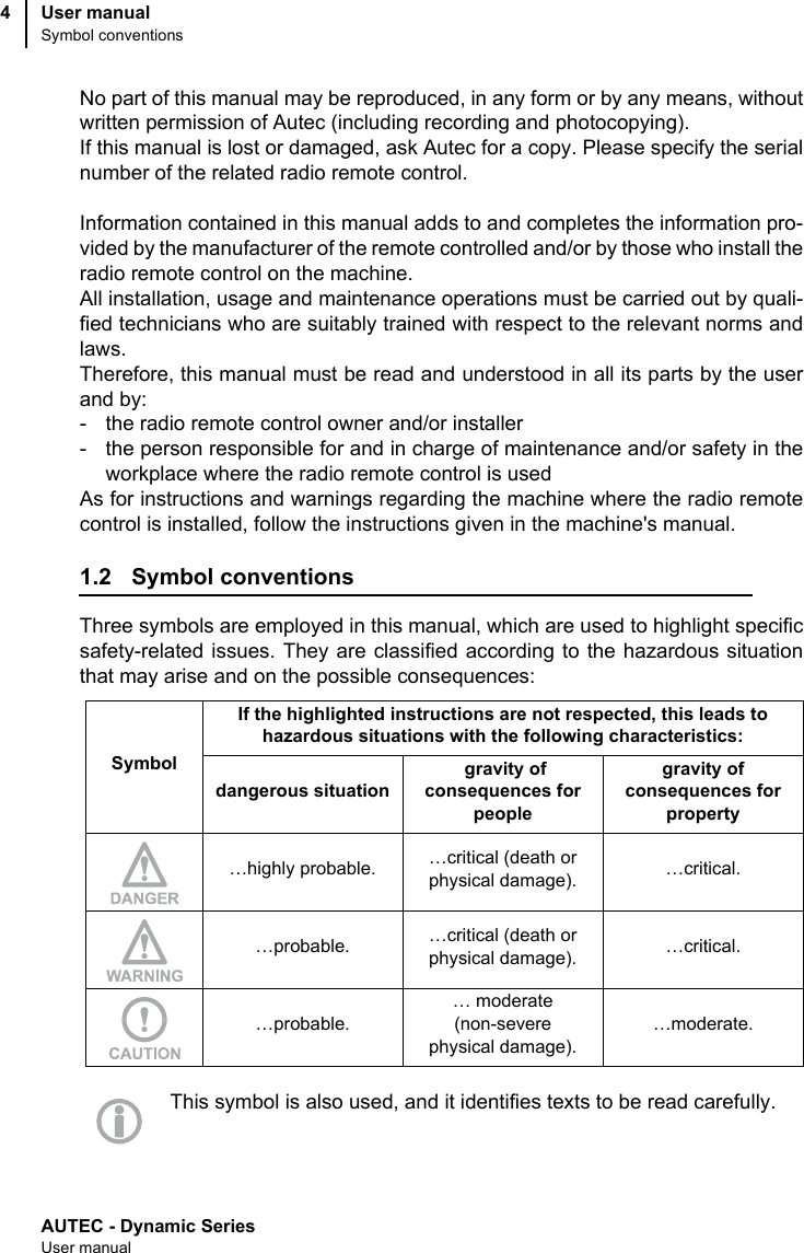 AUTEC - Dynamic SeriesUser manualUser manualSymbol conventions4No part of this manual may be reproduced, in any form or by any means, withoutwritten permission of Autec (including recording and photocopying).If this manual is lost or damaged, ask Autec for a copy. Please specify the serialnumber of the related radio remote control.Information contained in this manual adds to and completes the information pro-vided by the manufacturer of the remote controlled and/or by those who install theradio remote control on the machine.All installation, usage and maintenance operations must be carried out by quali-fied technicians who are suitably trained with respect to the relevant norms andlaws.Therefore, this manual must be read and understood in all its parts by the userand by:- the radio remote control owner and/or installer- the person responsible for and in charge of maintenance and/or safety in theworkplace where the radio remote control is usedAs for instructions and warnings regarding the machine where the radio remotecontrol is installed, follow the instructions given in the machine&apos;s manual.1.2 Symbol conventionsThree symbols are employed in this manual, which are used to highlight specificsafety-related issues. They are classified according to the hazardous situationthat may arise and on the possible consequences:This symbol is also used, and it identifies texts to be read carefully.SymbolIf the highlighted instructions are not respected, this leads tohazardous situations with the following characteristics:dangerous situation gravity ofconsequences for peoplegravity ofconsequences for property…highly probable. …critical (death or physical damage). …critical.…probable. …critical (death or physical damage). …critical.…probable.… moderate(non-severephysical damage).…moderate.