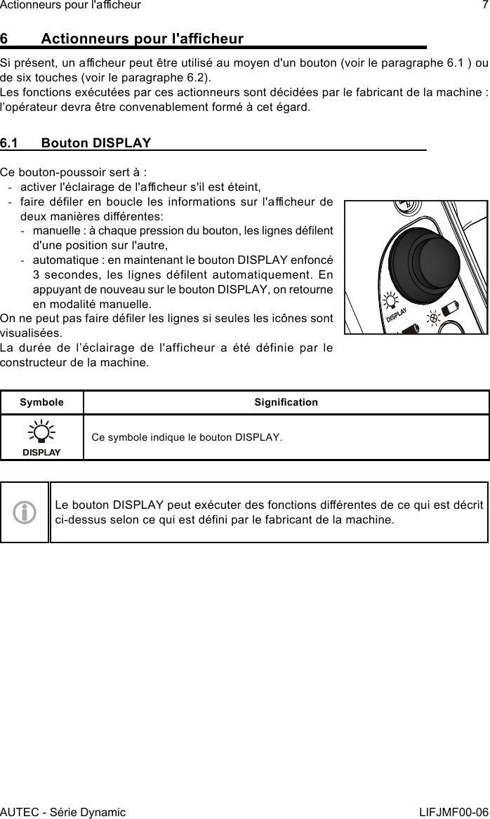 AUTEC - Série DynamicActionneurs pour l&apos;acheur 7LIFJMF00-066 Actionneurspourl&apos;acheurSi présent, un acheur peut être utilisé au moyen d&apos;un bouton (voir le paragraphe 6.1 ) ou de six touches (voir le paragraphe 6.2).Les fonctions exécutées par ces actionneurs sont décidées par le fabricant de la machine : l’opérateur devra être convenablement formé à cet égard.6.1  Bouton DISPLAYCe bouton-poussoir sert à : -activer l&apos;éclairage de l&apos;acheur s&apos;il est éteint, -faire déler en boucle les informations sur  l&apos;acheur de deux manières diérentes: -manuelle : à chaque pression du bouton, les lignes délent d&apos;une position sur l&apos;autre, -automatique : en maintenant le bouton DISPLAY enfoncé 3 secondes, les lignes  délent  automatiquement. En appuyant de nouveau sur le bouton DISPLAY, on retourne en modalité manuelle.On ne peut pas faire déler les lignes si seules les icônes sont visualisées.La durée de l’éclairage de l&apos;afficheur a été définie par le constructeur de la machine.Symbole SignicationCe symbole indique le bouton DISPLAY.Le bouton DISPLAY peut exécuter des fonctions diérentes de ce qui est décrit ci-dessus selon ce qui est déni par le fabricant de la machine.