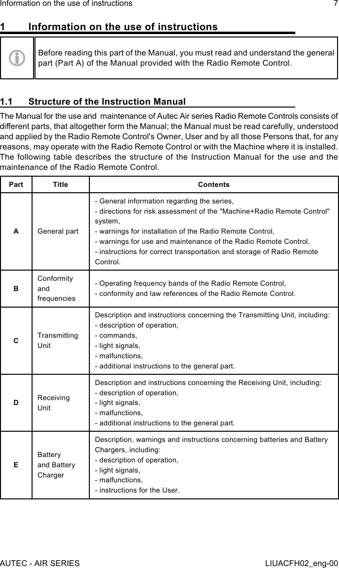 1  Information on the use of instructionsBefore reading this part of the Manual, you must read and understand the general part (Part A) of the Manual provided with the Radio Remote Control.1.1  Structure of the Instruction ManualThe Manual for the use and  maintenance of Autec Air series Radio Remote Controls consists of dierent parts, that altogether form the Manual; the Manual must be read carefully, understood and applied by the Radio Remote Control&apos;s Owner, User and by all those Persons that, for any reasons, may operate with the Radio Remote Control or with the Machine where it is installed.The following table describes the structure of the Instruction Manual for the use and the maintenance of the Radio Remote Control.Part Title ContentsAGeneral part- General information regarding the series,- directions for risk assessment of the &quot;Machine+Radio Remote Control&quot; system,- warnings for installation of the Radio Remote Control,- warnings for use and maintenance of the Radio Remote Control,- instructions for correct transportation and storage of Radio Remote Control.BConformity and frequencies- Operating frequency bands of the Radio Remote Control,- conformity and law references of the Radio Remote Control.CTransmitting UnitDescription and instructions concerning the Transmitting Unit, including:- description of operation,- commands,- light signals,- malfunctions,- additional instructions to the general part.DReceiving UnitDescription and instructions concerning the Receiving Unit, including:- description of operation,- light signals,- malfunctions,- additional instructions to the general part.EBattery and Battery ChargerDescription, warnings and instructions concerning batteries and Battery Chargers, including:- description of operation,- light signals,- malfunctions,- instructions for the User.AUTEC - AIR SERIESInformation on the use of instructions 7LIUACFH02_eng-00