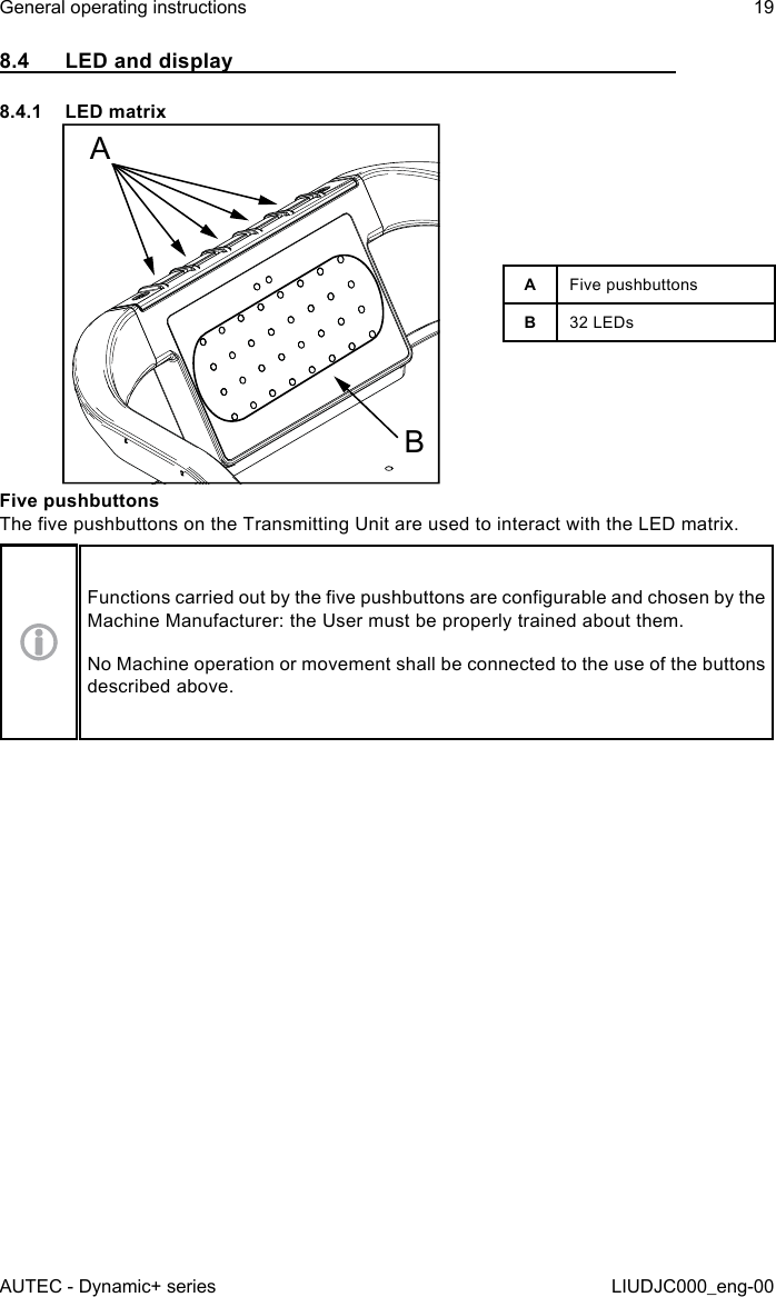 8.4  LED and display8.4.1  LED matrixABAFive pushbuttonsB32 LEDsFive pushbuttonsThe ve pushbuttons on the Transmitting Unit are used to interact with the LED matrix.Functions carried out by the ve pushbuttons are congurable and chosen by the Machine Manufacturer: the User must be properly trained about them.No Machine operation or movement shall be connected to the use of the buttons described above.AUTEC - Dynamic+ seriesGeneral operating instructions 19LIUDJC000_eng-00