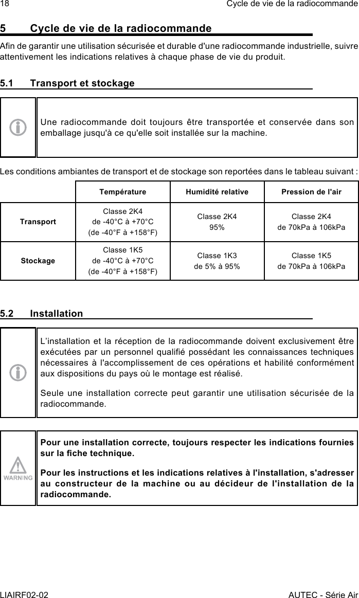 18LIAIRF02-02Cycle de vie de la radiocommandeAUTEC - Série Air5  Cycle de vie de la radiocommandeAn de garantir une utilisation sécurisée et durable d&apos;une radiocommande industrielle, suivre attentivement les indications relatives à chaque phase de vie du produit.5.1  Transport et stockageUne  radiocommande doit  toujours  être  transportée  et  conservée  dans  son emballage jusqu&apos;à ce qu&apos;elle soit installée sur la machine.Les conditions ambiantes de transport et de stockage son reportées dans le tableau suivant :Température Humidité relative Pression de l&apos;airTransportClasse 2K4de -40°C à +70°C(de -40°F à +158°F)Classe 2K495%Classe 2K4de 70kPa à 106kPaStockageClasse 1K5de -40°C à +70°C(de -40°F à +158°F)Classe 1K3de 5% à 95%Classe 1K5de 70kPa à 106kPa5.2 InstallationL’installation et la réception de la  radiocommande  doivent exclusivement être exécutées par un personnel qualié possédant  les connaissances techniques nécessaires à l&apos;accomplissement de ces opérations et habilité conformément aux dispositions du pays où le montage est réalisé.Seule une installation correcte peut garantir une utilisation sécurisée de la radiocommande.Pour une installation correcte, toujours respecter les indications fournies sur la che technique.Pour les instructions et les indications relatives à l&apos;installation, s&apos;adresser au constructeur de la machine ou au décideur de l&apos;installation de la radiocommande.