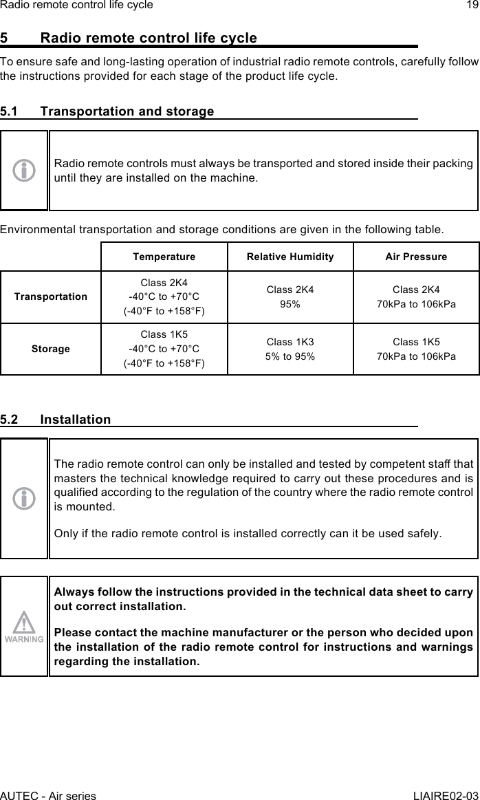 AUTEC - Air seriesRadio remote control life cycle 19LIAIRE02-035  Radio remote control life cycleTo ensure safe and long-lasting operation of industrial radio remote controls, carefully follow the instructions provided for each stage of the product life cycle.5.1  Transportation and storageRadio remote controls must always be transported and stored inside their packing until they are installed on the machine.Environmental transportation and storage conditions are given in the following table.Temperature Relative Humidity Air PressureTransportationClass 2K4-40°C to +70°C(-40°F to +158°F)Class 2K495%Class 2K470kPa to 106kPaStorageClass 1K5-40°C to +70°C(-40°F to +158°F)Class 1K35% to 95%Class 1K570kPa to 106kPa5.2 InstallationThe radio remote control can only be installed and tested by competent sta that masters the technical knowledge required to carry out these procedures and is qualied according to the regulation of the country where the radio remote control is mounted.Only if the radio remote control is installed correctly can it be used safely.Always follow the instructions provided in the technical data sheet to carry out correct installation.Please contact the machine manufacturer or the person who decided upon the installation of the radio remote control for instructions and warnings regarding the installation.