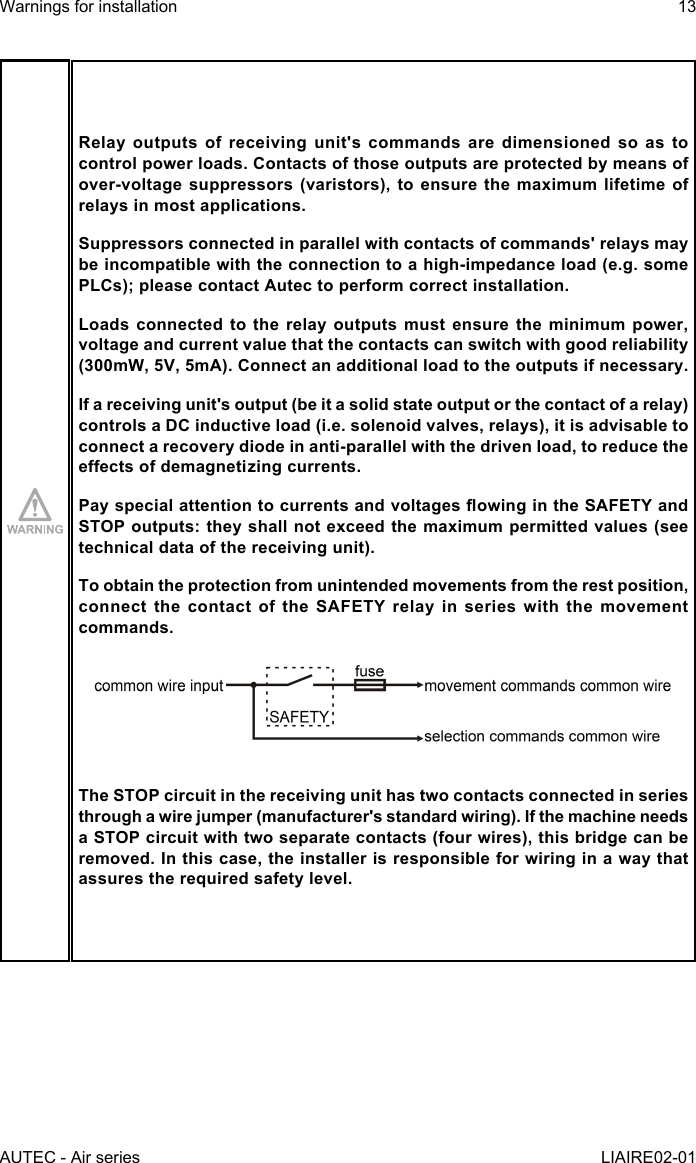 AUTEC - Air seriesWarnings for installation 13LIAIRE02-01Relay outputs of receiving unit&apos;s commands are dimensioned so as to control power loads. Contacts of those outputs are protected by means of over-voltage suppressors (varistors), to ensure the maximum lifetime of relays in most applications.Suppressors connected in parallel with contacts of commands&apos; relays may be incompatible with the connection to a high-impedance load (e.g. some PLCs); please contact Autec to perform correct installation.Loads connected to the relay outputs must ensure the minimum power, voltage and current value that the contacts can switch with good reliability (300mW, 5V, 5mA). Connect an additional load to the outputs if necessary.If a receiving unit&apos;s output (be it a solid state output or the contact of a relay) controls a DC inductive load (i.e. solenoid valves, relays), it is advisable to connect a recovery diode in anti-parallel with the driven load, to reduce the eectsofdemagnetizingcurrents.PayspecialattentiontocurrentsandvoltagesowingintheSAFETYandSTOP outputs: they shall not exceed the maximum permitted values (see technical data of the receiving unit).To obtain the protection from unintended movements from the rest position, connectthecontactoftheSAFETYrelayinserieswiththemovementcommands.The STOP circuit in the receiving unit has two contacts connected in series through a wire jumper (manufacturer&apos;s standard wiring). If the machine needs a STOP circuit with two separate contacts (four wires), this bridge can be removed. In this case, the installer is responsible for wiring in a way that assures the required safety level.