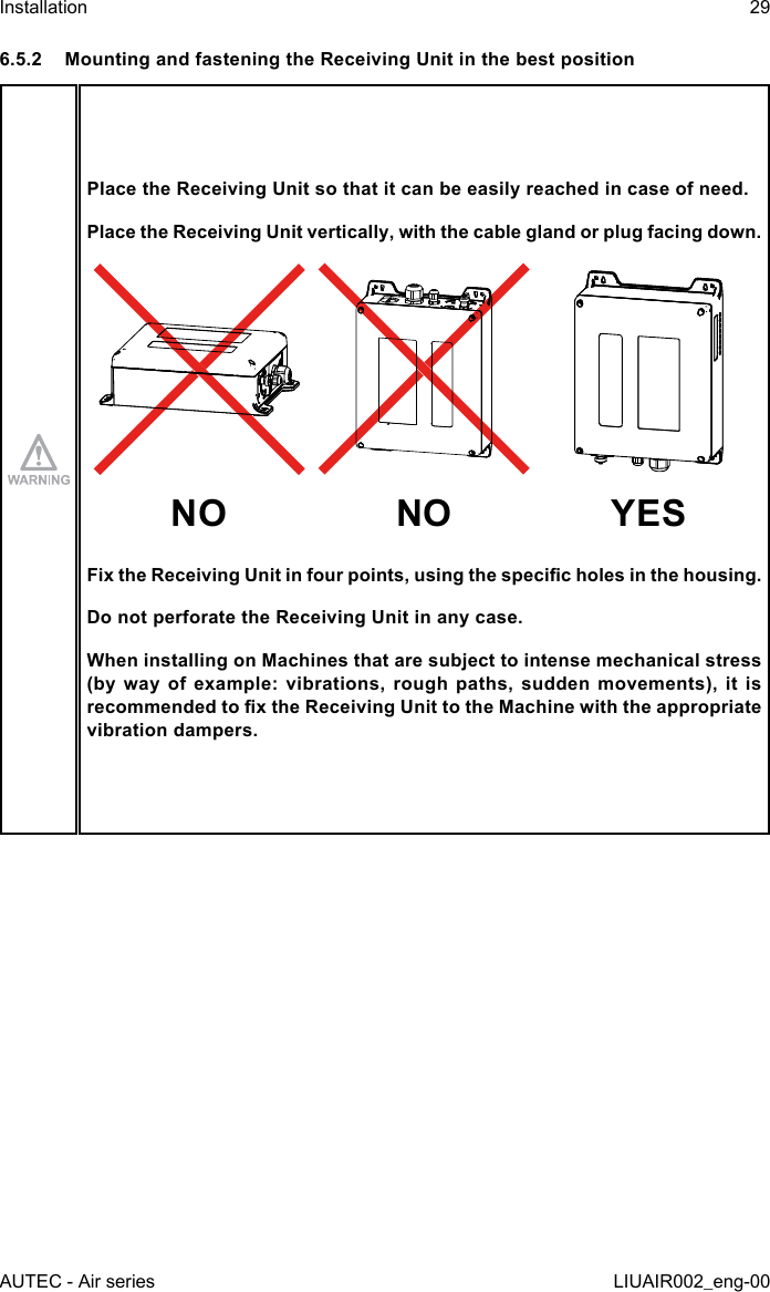 6.5.2  Mounting and fastening the Receiving Unit in the best positionPlace the Receiving Unit so that it can be easily reached in case of need.Place the Receiving Unit vertically, with the cable gland or plug facing down.NO NO YESFix the Receiving Unit in four points, using the specic holes in the housing.Do not perforate the Receiving Unit in any case.When installing on Machines that are subject to intense mechanical stress (by  way  of  example:  vibrations, rough  paths,  sudden  movements),  it  is recommended to x the Receiving Unit to the Machine with the appropriate vibration dampers.AUTEC - Air seriesInstallation 29LIUAIR002_eng-00
