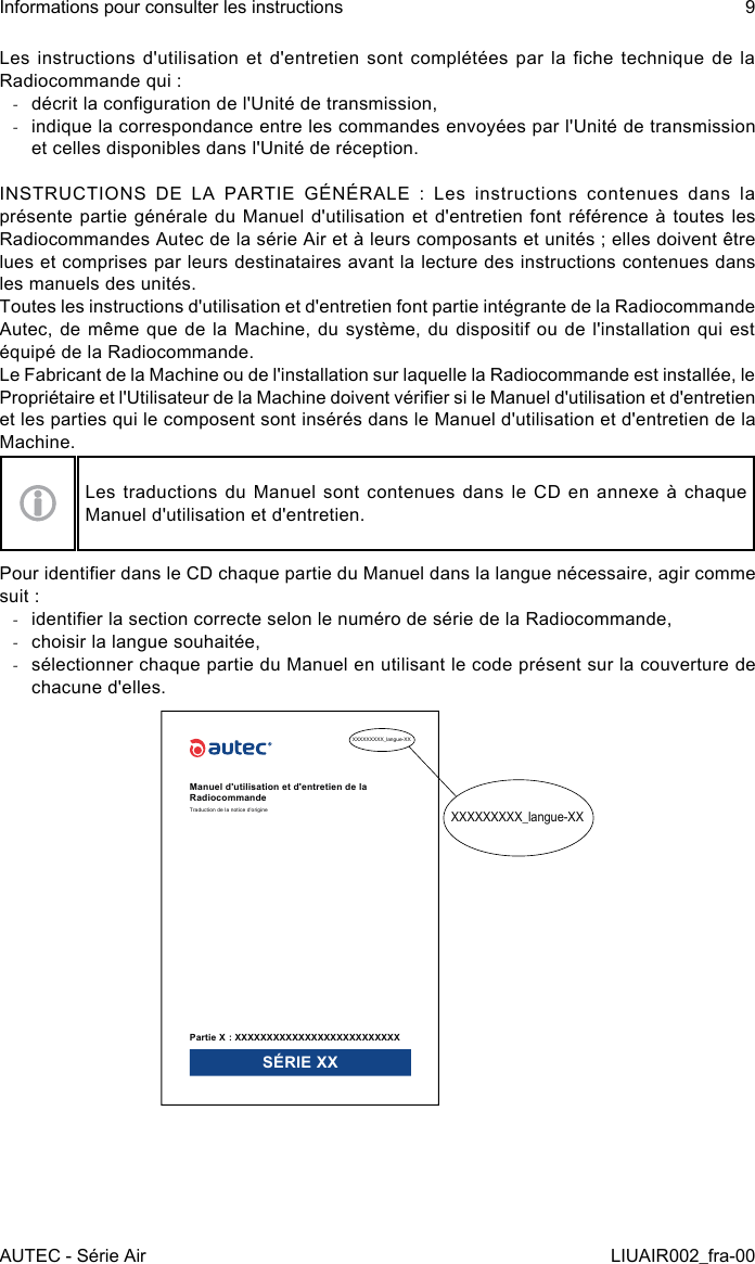 Les instructions d&apos;utilisation  et d&apos;entretien  sont  complétées par  la che  technique  de la Radiocommande qui : -décrit la conguration de l&apos;Unité de transmission, -indique la correspondance entre les commandes envoyées par l&apos;Unité de transmission et celles disponibles dans l&apos;Unité de réception.INSTRUCTIONS DE LA PARTIE GÉNÉRALE : Les instructions contenues dans la présente partie générale du Manuel d&apos;utilisation et d&apos;entretien font référence à toutes les Radiocommandes Autec de la série Air et à leurs composants et unités ; elles doivent être lues et comprises par leurs destinataires avant la lecture des instructions contenues dans les manuels des unités.Toutes les instructions d&apos;utilisation et d&apos;entretien font partie intégrante de la Radiocommande Autec, de même que de la Machine, du système, du dispositif ou de l&apos;installation qui est équipé de la Radiocommande.Le Fabricant de la Machine ou de l&apos;installation sur laquelle la Radiocommande est installée, le Propriétaire et l&apos;Utilisateur de la Machine doivent vérier si le Manuel d&apos;utilisation et d&apos;entretien et les parties qui le composent sont insérés dans le Manuel d&apos;utilisation et d&apos;entretien de la Machine.Les traductions du Manuel sont contenues dans le CD en annexe à chaque Manuel d&apos;utilisation et d&apos;entretien.Pour identier dans le CD chaque partie du Manuel dans la langue nécessaire, agir comme suit : -identier la section correcte selon le numéro de série de la Radiocommande, -choisir la langue souhaitée, -sélectionner chaque partie du Manuel en utilisant le code présent sur la couverture de chacune d&apos;elles.XXXXXXXXX_langue-XXXXXXXXXXX_langue-XXManuel d&apos;utilisation et d&apos;entretien de la RadiocommandeTraduction de la notice d&apos;originePartie X : XXXXXXXXXXXXXXXXXXXXXXXXXXSÉRIE XXAUTEC - Série AirInformations pour consulter les instructions 9LIUAIR002_fra-00