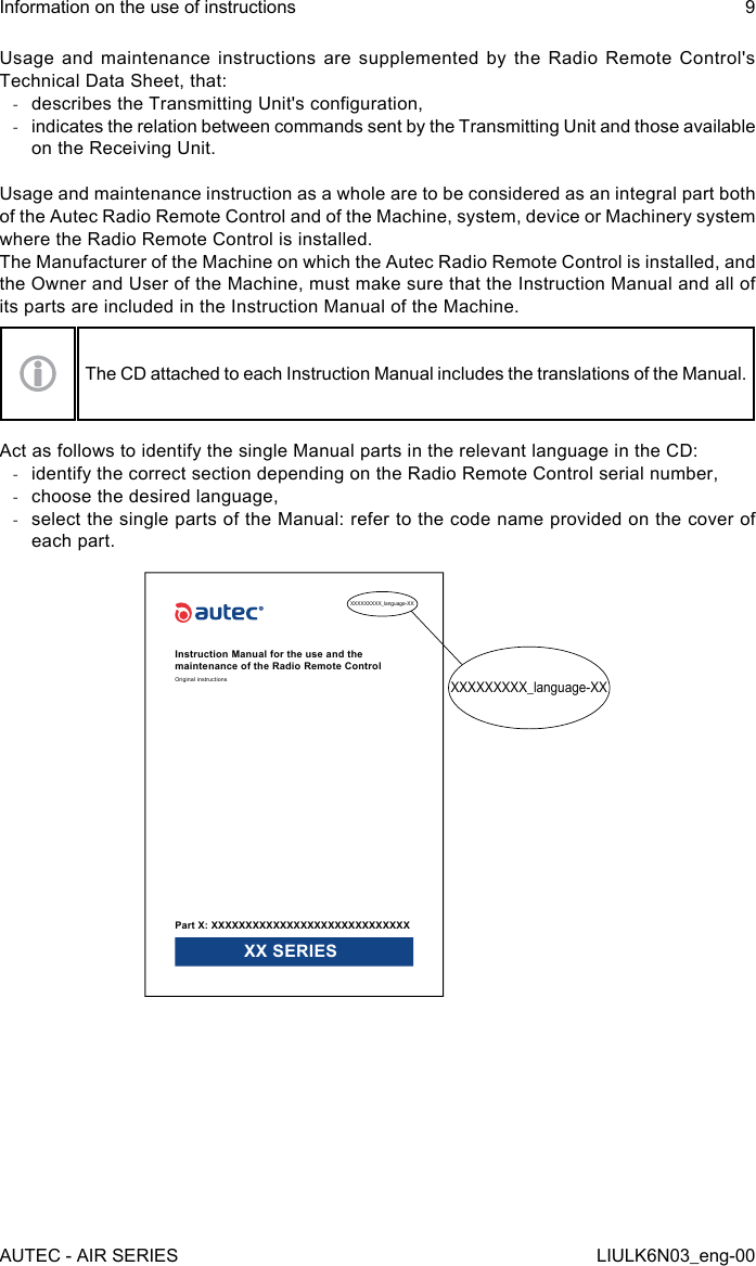 Usage and maintenance instructions are supplemented by the Radio Remote Control&apos;s Technical Data Sheet, that: -describes the Transmitting Unit&apos;s conguration, -indicates the relation between commands sent by the Transmitting Unit and those available on the Receiving Unit.Usage and maintenance instruction as a whole are to be considered as an integral part both of the Autec Radio Remote Control and of the Machine, system, device or Machinery system where the Radio Remote Control is installed.The Manufacturer of the Machine on which the Autec Radio Remote Control is installed, and the Owner and User of the Machine, must make sure that the Instruction Manual and all of its parts are included in the Instruction Manual of the Machine.The CD attached to each Instruction Manual includes the translations of the Manual.Act as follows to identify the single Manual parts in the relevant language in the CD: -identify the correct section depending on the Radio Remote Control serial number, -choose the desired language, -select the single parts of the Manual: refer to the code name provided on the cover of each part.XXXXXXXXX_language-XXXXXXXXXXX_language-XXInstruction Manual for the use and the maintenance of the Radio Remote ControlOriginal instructionsPart X: XXXXXXXXXXXXXXXXXXXXXXXXXXXXX XX SERIESAUTEC - AIR SERIESInformation on the use of instructions 9LIULK6N03_eng-00