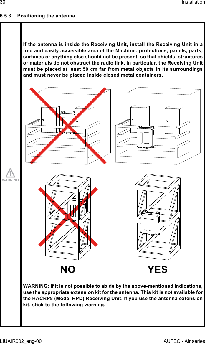 6.5.3  Positioning the antennaIf the antenna is inside the Receiving Unit, install the Receiving Unit in a free and easily accessible area of the Machine: protections, panels, parts, surfaces or anything else should not be present, so that shields, structures or materials do not obstruct the radio link. In particular, the Receiving Unit must be placed at least 50 cm far from metal objects in its surroundings and must never be placed inside closed metal containers.NO YESWARNING: If it is not possible to abide by the above-mentioned indications, use the appropriate extension kit for the antenna. This kit is not available for the HACRP8 (Model RPD) Receiving Unit. If you use the antenna extension kit, stick to the following warning.30LIUAIR002_eng-00InstallationAUTEC - Air series