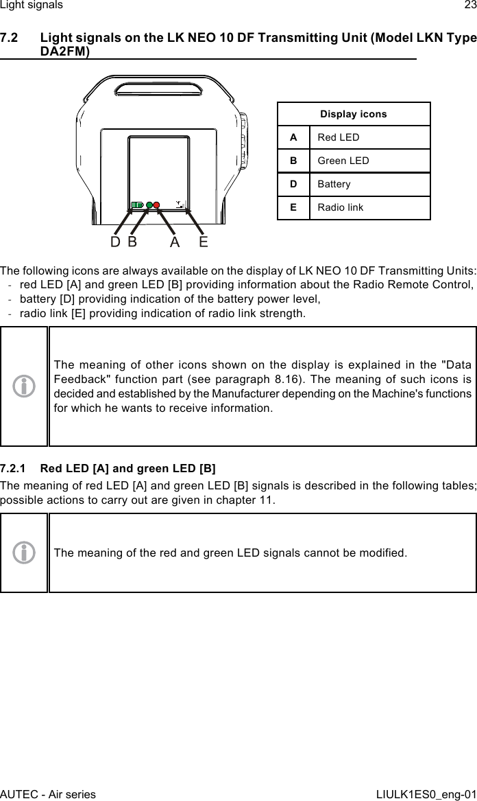 7.2  Light signals on the LK NEO 10 DF Transmitting Unit (Model LKN Type DA2FM)Display iconsARed LEDBGreen LEDDBatteryERadio linkThe following icons are always available on the display of LK NEO 10 DF Transmitting Units: -red LED [A] and green LED [B] providing information about the Radio Remote Control, -battery [D] providing indication of the battery power level, -radio link [E] providing indication of radio link strength.The meaning of other icons shown on the display is explained in the &quot;Data Feedback&quot; function part (see paragraph 8.16). The meaning of such icons is decided and established by the Manufacturer depending on the Machine&apos;s functions for which he wants to receive information.7.2.1  Red LED [A] and green LED [B]The meaning of red LED [A] and green LED [B] signals is described in the following tables; possible actions to carry out are given in chapter 11.The meaning of the red and green LED signals cannot be modied.AUTEC - Air seriesLight signals 23LIULK1ES0_eng-01