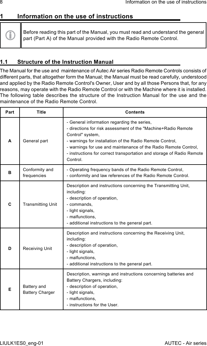 1  Information on the use of instructionsBefore reading this part of the Manual, you must read and understand the general part (Part A) of the Manual provided with the Radio Remote Control.1.1  Structure of the Instruction ManualThe Manual for the use and  maintenance of Autec Air series Radio Remote Controls consists of dierent parts, that altogether form the Manual; the Manual must be read carefully, understood and applied by the Radio Remote Control&apos;s Owner, User and by all those Persons that, for any reasons, may operate with the Radio Remote Control or with the Machine where it is installed.The following table describes the structure of the Instruction Manual for the use and the maintenance of the Radio Remote Control.Part Title ContentsAGeneral part- General information regarding the series,- directions for risk assessment of the &quot;Machine+Radio Remote Control&quot; system,- warnings for installation of the Radio Remote Control,- warnings for use and maintenance of the Radio Remote Control,- instructions for correct transportation and storage of Radio Remote Control.BConformity and frequencies- Operating frequency bands of the Radio Remote Control,- conformity and law references of the Radio Remote Control.CTransmitting UnitDescription and instructions concerning the Transmitting Unit, including:- description of operation,- commands,- light signals,- malfunctions,- additional instructions to the general part.DReceiving UnitDescription and instructions concerning the Receiving Unit, including:- description of operation,- light signals,- malfunctions,- additional instructions to the general part.EBattery and Battery ChargerDescription, warnings and instructions concerning batteries and Battery Chargers, including:- description of operation,- light signals,- malfunctions,- instructions for the User.8LIULK1ES0_eng-01Information on the use of instructionsAUTEC - Air series