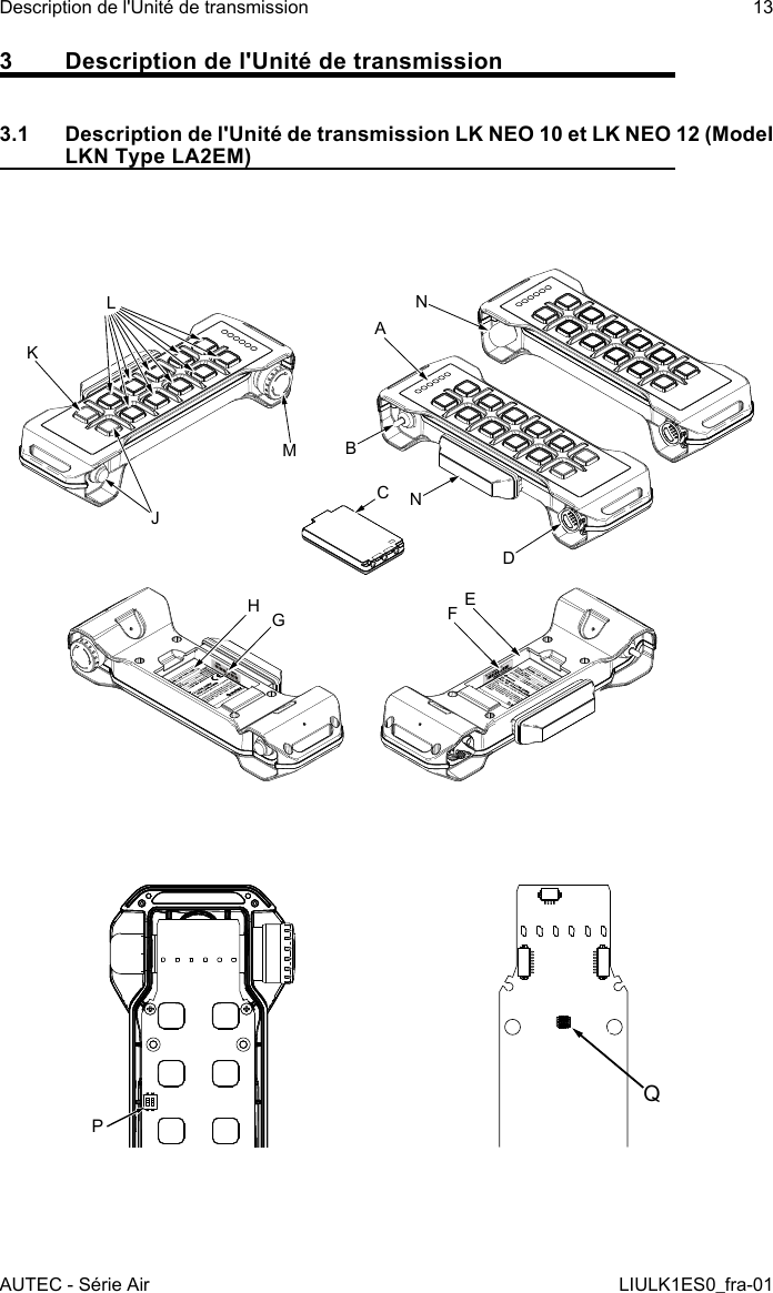 3  Description de l&apos;Unité de transmission3.1  Description de l&apos;Unité de transmission LK NEO 10 et LK NEO 12 (Model LKN Type LA2EM)ABCDEFGHJKLMNNPQAUTEC - Série AirDescription de l&apos;Unité de transmission 13LIULK1ES0_fra-01
