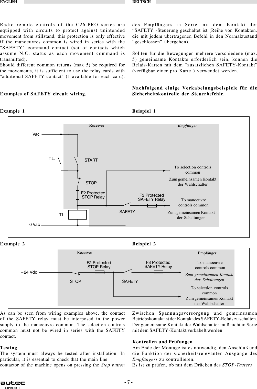 LIPRO0U1ENGLISH DEUTSCH- 7 -Receiver EmpfängerTo selection controlscommonReceiver EmpfängerTo selection controlscommonZum gemeinsamen Kontaktder WahlschalterTo manoeuvrecontrols commonZum gemeinsamen Kontaktder SchaltungenTo manoeuvrecontrols commonZum gemeinsamen Kontaktder WahlschalterZum gemeinsamen Kontaktder Schaltungen F2 Protected STOP Relay  F3 Protected SAFETY Relay SAFETY 0 Vac Vac STOP START T. L .  T. L .   F2 Protected STOP Relay  F3 Protected SAFETY Relay SAFETY +24 Vdc STOP Radio remote controls of the C26-PRO series areequipped with circuits to protect against unintendedmovement from stillstand, this protection is only effectiveif the manoeuvres common is wired in series with the&quot;SAFETY&quot; command contact (set of contacts whichassume N.C. status as each movement command istransmitted).Should different common returns (max 5) be required forthe movements, it is sufficient to use the relay cards with&quot;additional SAFETY contact&quot; (1 available for each card).Examples of SAFETY circuit wiring.Example 1Example 2As can be seen from wiring examples above, the contactof the SAFETY relay must be interposed in the powersupply to the manoeuvre common. The selection controlscommon must not be wired in series with the SAFETYcontact.TestingThe system must always be tested after installation. Inparticular, it is essential to check that the main linecontactor of the machine opens on pressing the Stop buttondes Empfängers in Serie mit dem Kontakt der“SAFETY”-Steuerung geschaltet ist (Reihe von Kontakten,die mit jedem übertragenen Befehl in den Normalzustand“geschlossen” übergehen).Sollten für die Bewegungen mehrere verschiedene (max.5) gemeinsame Kontakte erforderlich sein, können dieRelais-Karten mit dem “zusätzlichen SAFETY-Kontakt”(verfügbar einer pro Karte ) verwendet werden.Nachfolgend einige Verkabelungsbeispiele für dieSicherheitskontrolle der Steuerbefehle.Beispiel 1Beispiel 2Zwischen Spannungsversorgung und gemeinsamenBetriebskontakt ist der Kontakt des SAFETY-Relais zu schalten.Der gemeinsame Kontakt der Wahlschalter muß nicht in Seriemit dem SAFETY-Kontakt verkabelt werdenKontrollen und PrüfungenAm Ende der Montage ist es notwendig, den Anschluß unddie Funktion der sicherheitsrelevanten Ausgänge desEmpfängers zu kontrollieren.Es ist zu prüfen, ob mit dem Drücken des STOP-Tasters