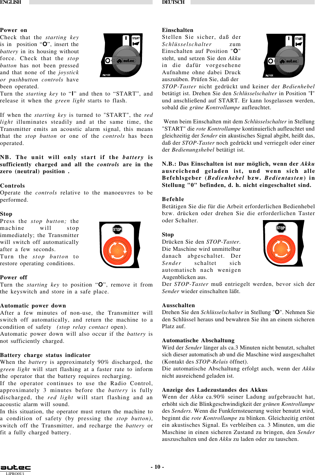 LIPRO0U1ENGLISH DEUTSCH- 10 -Power onCheck that the starting keyis in  position “O”, insert thebattery in its housing withoutforce. Check that the stopbutton has not been pressedand that none of the joystickor pushbutton controls havebeen operated.Turn the starting key to “I” and then to “START”, andrelease it when the green light starts to flash.If when the starting key is turned to &quot;START&quot;, the redlight illuminates steadily and at the same time, theTransmitter emits an acoustic alarm signal, this meansthat the stop button or one of the controls has beenoperated.NB. The unit will only start if the battery issufficiently charged and all the controls are in thezero (neutral) position .ControlsOperate the controls relative to the manoeuvres to beperformed.StopPress the stop button; themachine will stopimmediately; the Transmitterwill switch off automaticallyafter a few seconds.Turn the stop button torestore operating conditions.Power offTurn the starting key to position “O”, remove it fromthe keyswitch and store in a safe place.Automatic power downAfter a few minutes of non-use, the Transmitter willswitch off automatically, and return the machine to acondition of safety  (stop relay contact open).Automatic power down will also occur if the battery isnot sufficiently charged.Battery charge status indicatorWhen the battery is approximately 90% discharged, thegreen light will start flashing at a faster rate to informthe operator that the battery requires recharging.If the operator continues to use the Radio Control,approximately 3 minutes before the battery is fullydischarged, the red light will start flashing and anacoustic alarm will sound.In this situation, the operator must return the machine toa condition of safety (by pressing the stop button),switch off the Transmitter, and recharge the battery orfit a fully charged battery.EinschaltenStellen Sie sicher, daß derSchlüsselschalter zumEinschalten auf Position &quot;O&quot;steht, und setzen Sie den Akkuin die dafür vorgeseheneAufnahme ohne dabei Druckauszuüben. Prüfen Sie, daß derSTOP-Taster nicht gedrückt und keiner der Bedienhebelbetätigt ist. Drehen Sie den Schlüsselschalter in Position &quot;I&quot;und anschließend auf START. Er kann losgelassen werden,sobald die grüne Kontrollampe aufleuchtet. Wenn beim Einschalten mit dem Schlüsselschalter in Stellung&quot;START&quot; die rote Kontrollampe kontinuierlich aufleuchtet undgleichzeitig der Sender ein akustisches Signal abgibt, heißt das,daß der STOP-Taster noch gedrückt und verriegelt oder einerder Bedienungshebel betätigt ist.N.B.: Das Einschalten ist nur möglich, wenn der Akkuausreichend geladen ist, und wenn sich alleBefehlsgeber (Bedienhebel bzw. Bedientasten) inStellung &quot;0&quot; befinden, d. h. nicht eingeschaltet sind.BefehleBetätigen Sie die für die Arbeit erforderlichen Bedienhebelbzw. drücken oder drehen Sie die erforderlichen Tasteroder Schalter.StopDrücken Sie den STOP-Taster.Die Maschine wird unmittelbardanach abgeschaltet. DerSender schaltet sichautomatisch nach wenigenAugenblicken aus.Der STOP-Taster muß entriegelt werden, bevor sich derSender wieder einschalten läßt.AusschaltenDrehen Sie den Schlüsselschalter in Stellung &quot;O&quot;. Nehmen Sieden Schlüssel heraus und bewahren Sie ihn an einem sicherenPlatz auf.Automatische AbschaltungWird der Sender länger als ca.3 Minuten nicht benutzt, schaltetsich dieser automatisch ab und die Maschine wird ausgeschaltet(Kontakt des STOP-Relais öffnet).Die automatische Abschaltung erfolgt auch, wenn der Akkunicht ausreichend geladen ist.Anzeige des Ladezustandes des AkkusWenn der Akku ca.90% seiner Ladung aufgebraucht hat,erhöht sich die Blinkgeschwindigkeit der grünen Kontrollampedes Senders. Wenn die Funkfernsteuerung weiter benutzt wird,beginnt die rote Kontrollampe zu blinken. Gleichzeitig ertöntein akustisches Signal. Es verbleiben ca. 3 Minuten, um dieMaschine in einen sicheren Zustand zu bringen, den Senderauszuschalten und den Akku zu laden oder zu tauschen.