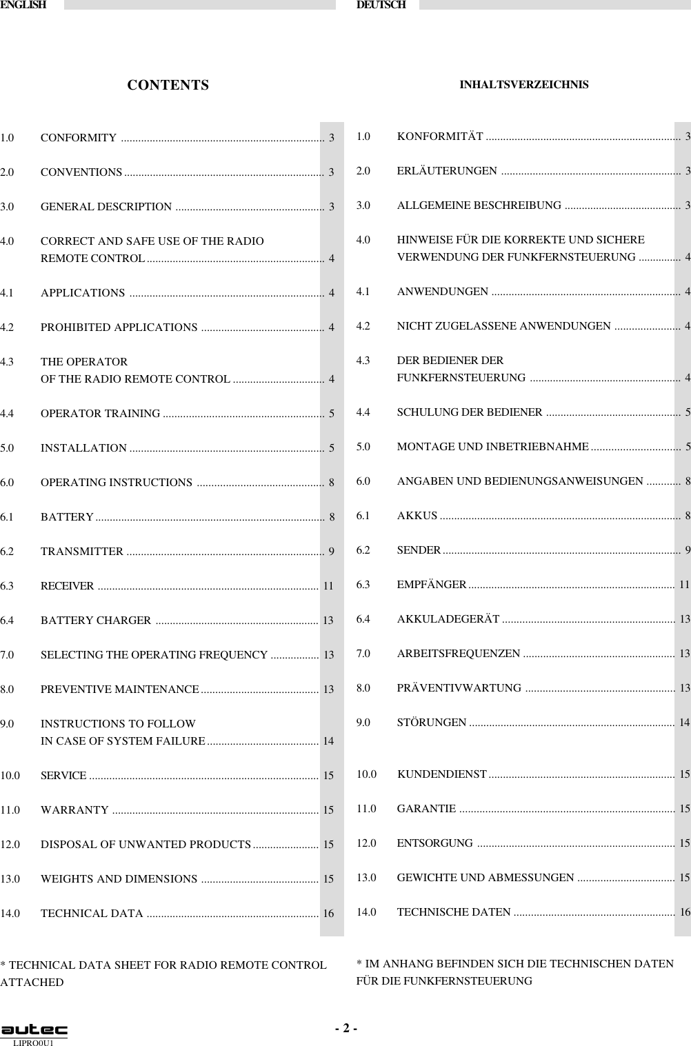 LIPRO0U1ENGLISH DEUTSCH- 2 -CONTENTS1.0 CONFORMITY ....................................................................... 32.0 CONVENTIONS ...................................................................... 33.0 GENERAL DESCRIPTION .................................................... 34.0 CORRECT AND SAFE USE OF THE RADIOREMOTE CONTROL.............................................................. 44.1 APPLICATIONS .................................................................... 44.2 PROHIBITED APPLICATIONS ........................................... 44.3 THE OPERATOROF THE RADIO REMOTE CONTROL ................................ 44.4 OPERATOR TRAINING ........................................................ 55.0 INSTALLATION .................................................................... 56.0 OPERATING INSTRUCTIONS ............................................ 86.1 BATTERY................................................................................ 86.2 TRANSMITTER ..................................................................... 96.3 RECEIVER ............................................................................. 116.4 BATTERY CHARGER ......................................................... 137.0 SELECTING THE OPERATING FREQUENCY ................. 138.0 PREVENTIVE MAINTENANCE......................................... 139.0 INSTRUCTIONS TO FOLLOWIN CASE OF SYSTEM FAILURE....................................... 1410.0 SERVICE ................................................................................ 1511.0 WARRANTY ........................................................................ 1512.0 DISPOSAL OF UNWANTED PRODUCTS....................... 1513.0 WEIGHTS AND DIMENSIONS ......................................... 1514.0 TECHNICAL DATA ............................................................ 16* TECHNICAL DATA SHEET FOR RADIO REMOTE CONTROLATTACHEDINHALTSVERZEICHNIS1.0 KONFORMITÄT .................................................................... 32.0 ERLÄUTERUNGEN ............................................................... 33.0 ALLGEMEINE BESCHREIBUNG ......................................... 34.0 HINWEISE FÜR DIE KORREKTE UND SICHEREVERWENDUNG DER FUNKFERNSTEUERUNG ............... 44.1 ANWENDUNGEN .................................................................. 44.2 NICHT ZUGELASSENE ANWENDUNGEN ....................... 44.3 DER BEDIENER DERFUNKFERNSTEUERUNG ..................................................... 44.4 SCHULUNG DER BEDIENER ............................................... 55.0 MONTAGE UND INBETRIEBNAHME ............................... 56.0 ANGABEN UND BEDIENUNGSANWEISUNGEN ............ 86.1 AKKUS .................................................................................... 86.2 SENDER................................................................................... 96.3 EMPFÄNGER........................................................................ 116.4 AKKULADEGERÄT ............................................................ 137.0 ARBEITSFREQUENZEN ..................................................... 138.0 PRÄVENTIVWARTUNG .................................................... 139.0 STÖRUNGEN ........................................................................ 1410.0 KUNDENDIENST................................................................. 1511.0 GARANTIE ........................................................................... 1512.0 ENTSORGUNG ..................................................................... 1513.0 GEWICHTE UND ABMESSUNGEN .................................. 1514.0 TECHNISCHE DATEN ........................................................ 16* IM ANHANG BEFINDEN SICH DIE TECHNISCHEN DATENFÜR DIE FUNKFERNSTEUERUNG