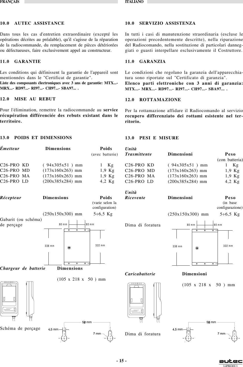 LIPRO0U1FRANÇAIS ITALIANO- 15 -(in baseconfigurazione)(varie selon laconfiguration)80 mm 80 mm  338 mm 322 mm 80 mm 80 mm  338 mm 322 mm 10.0 AUTEC ASSISTANCEDans tous les cas d&apos;entretien extraordinaire (excepté lesopérations décrites au préalable), qu&apos;il s&apos;agisse de la réparationde la radiocommande, du remplacement de pièces détérioréesou défectueuses, faire exclusivement appel au constructeur.11.0 GARANTIELes conditions qui définissent la garantie de l&apos;appareil sontmentionnées dans le &quot;Certificat de garantie&quot;.Liste des composants électroniques avec 3 ans de garantie: MTX...-MRX...- RD97...- RI97...- CH97...- SBA97... .12.0 MISE AU REBUTPour l&apos;élimination, remettre la radiocommande au servicerécupération différenciée des rebuts existant dans leterritoire.13.0 POIDS ET DIMENSIONSÉmetteur  Dimensions Poids(avec batterie)C26-PRO KD ( 94x305x51 ) mm 1  KgC26-PRO MD (173x160x263) mm 1,9 KgC26-PRO MA (173x160x263) mm 1,9 KgC26-PRO LD (200x385x284) mm 4,2 KgRécepteur Dimensions Poids(250x150x300) mm      5÷6,5 KgGabarit (ou schéma)de perçageChargeur de batterie Dimensions(105 x 218 x  50 ) mmSchéma de perçage10.0 SERVIZIO ASSISTENZAIn tutti i casi di manutenzione straordinaria (escluse leoperazioni precedentemente descritte), nella riparazionedel Radiocomando, nella sostituzione di particolari danneg-giati o guasti interpellare esclusivamente il Costruttore.11.0 GARANZIALe condizioni che regolano la garanzia dell&apos;apparecchia-tura sono riportate sul &quot;Certificato di garanzia&quot;.Elenco parti elettroniche con 3 anni di garanzia:MTX...- MRX...- RD97...- RI97...- CH97...- SBA97... .12.0 ROTTAMAZIONEPer la rottamazione affidare il Radiocomando al serviziorecupero differenziato dei rottami esistente nel ter-ritorio.13.0 PESI E MISUREUnitàTrasmittente Dimensioni Peso   (con batteria)C26-PRO KD ( 94x305x51 ) mm 1  KgC26-PRO MD (173x160x263) mm 1,9 KgC26-PRO MA (173x160x263) mm 1,9 KgC26-PRO LD (200x385x284) mm 4,2 KgUnitàRicevente Dimensioni Peso(250x150x300) mm     5÷6,5 KgDima di foraturaCaricabatterie Dimensioni(105 x 218 x  50 ) mmDima di foratura