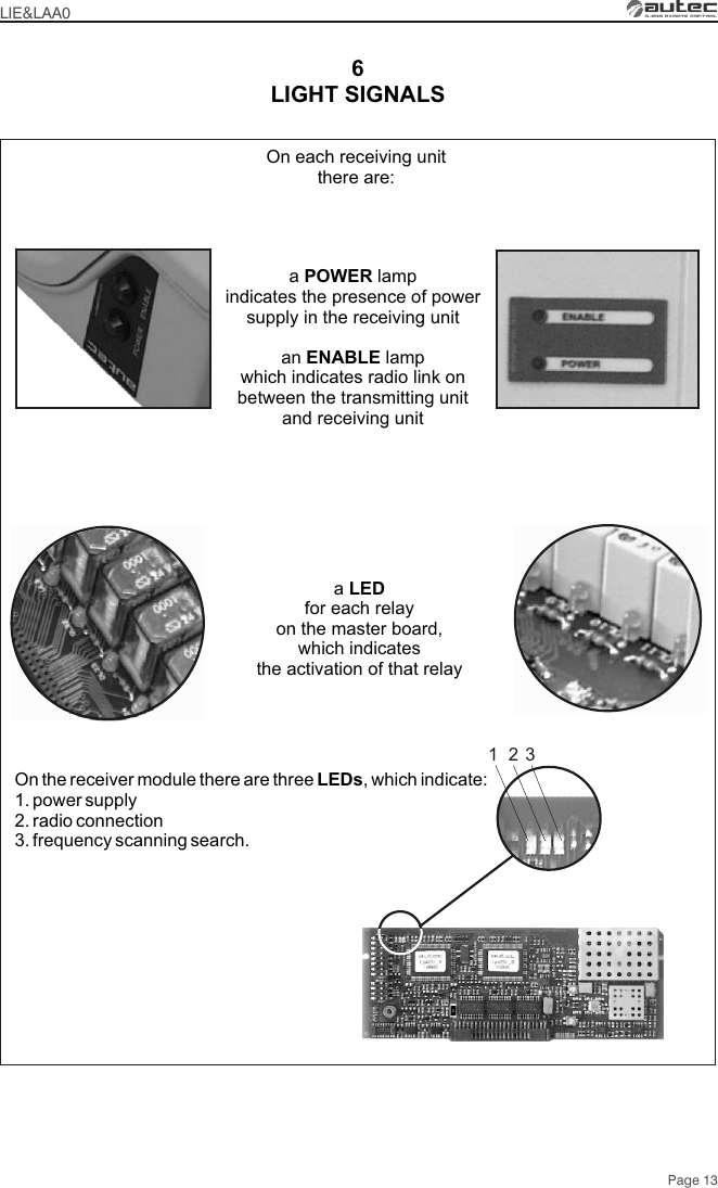 6On the receiver module there are three LEDs, which indicate:1. power supply2. radio connection3. frequency scanning search.1 2 3LIE&amp;LAA0Page 13LIGHT SIGNALSOn each receiving unit there are:a LED for each relay on the master board, which indicates the activation of that relaya POWER lampindicates the presence of power supply in the receiving unitan ENABLE lamp which indicates radio link on between the transmitting unit and receiving unit