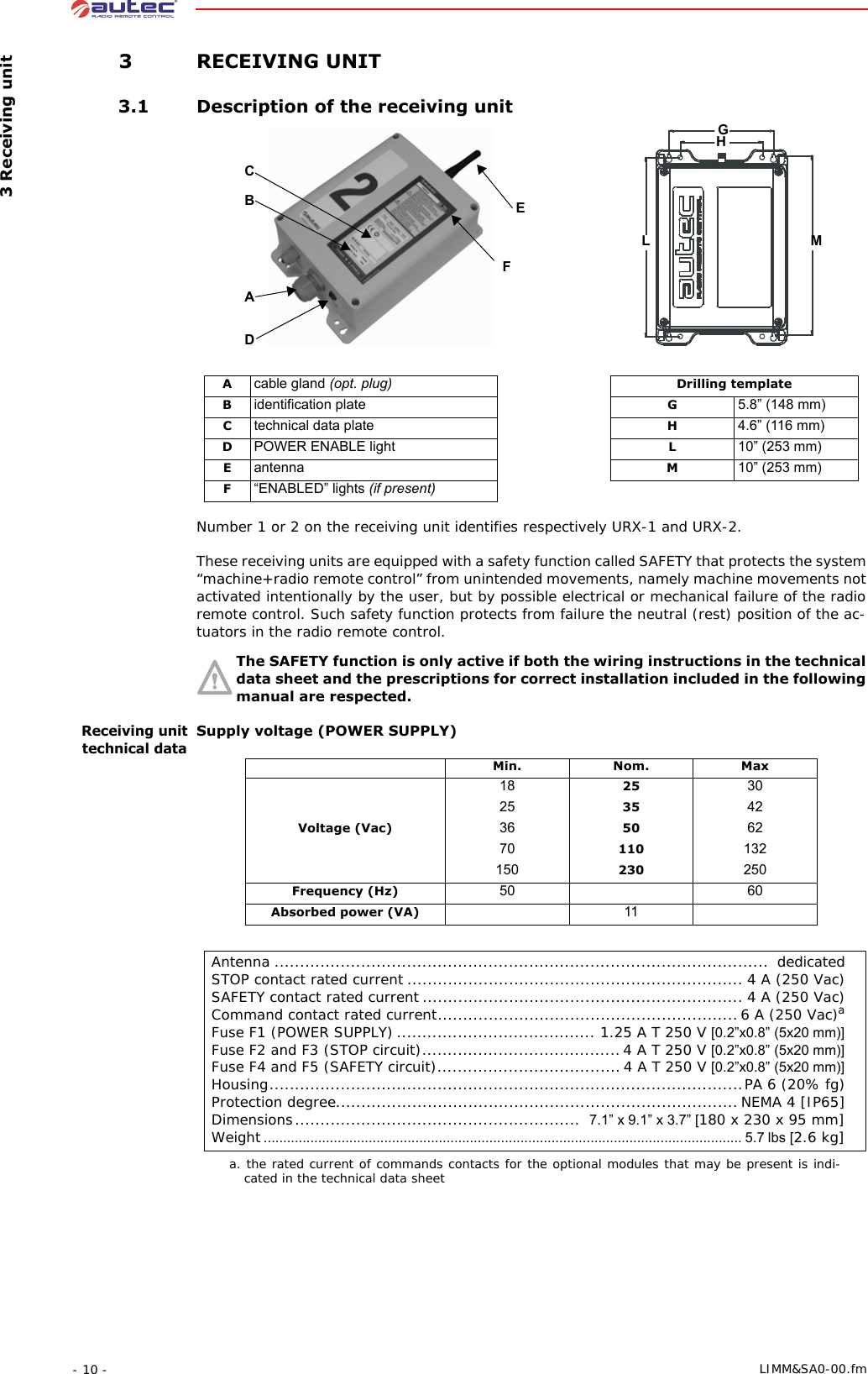  3 Receiving unit- 10 -  LIMM&amp;SA0-00.fm 3 RECEIVING UNIT 3.1 Description of the receiving unitABCDEGHLMFNumber 1 or 2 on the receiving unit identifies respectively URX-1 and URX-2.These receiving units are equipped with a safety function called SAFETY that protects the system “machine+radio remote control” from unintended movements, namely machine movements not activated intentionally by the user, but by possible electrical or mechanical failure of the radio remote control. Such safety function protects from failure the neutral (rest) position of the ac-tuators in the radio remote control.The SAFETY function is only active if both the wiring instructions in the technical data sheet and the prescriptions for correct installation included in the following manual are respected.Receiving unit technical dataSupply voltage (POWER SUPPLY)Acable gland (opt. plug) Drilling templateBidentification plate G5.8” (148 mm)Ctechnical data plate H4.6” (116 mm)DPOWER ENABLE light L10” (253 mm)Eantenna M10” (253 mm)F“ENABLED” lights (if present)Min. Nom. MaxVoltage (Vac)18 25 3025 35 4236 50 6270 110 132150 230 250Frequency (Hz) 50 60Absorbed power (VA) 11Antenna .................................................................................................  dedicatedSTOP contact rated current .................................................................. 4 A (250 Vac)SAFETY contact rated current ............................................................... 4 A (250 Vac)Command contact rated current...........................................................6 A (250 Vac)aFuse F1 (POWER SUPPLY) ....................................... 1.25 A T 250 V [0.2”x0.8” (5x20 mm)]Fuse F2 and F3 (STOP circuit).......................................4 A T 250 V [0.2”x0.8” (5x20 mm)]Fuse F4 and F5 (SAFETY circuit).................................... 4 A T 250 V [0.2”x0.8” (5x20 mm)]Housing.............................................................................................PA 6 (20% fg)Protection degree............................................................................... NEMA 4 [IP65]Dimensions........................................................  7.1” x 9.1” x 3.7” [180 x 230 x 95 mm]Weight........................................................................................................................... 5.7 lbs [2.6 kg]a. the rated current of commands contacts for the optional modules that may be present is indi-cated in the technical data sheet