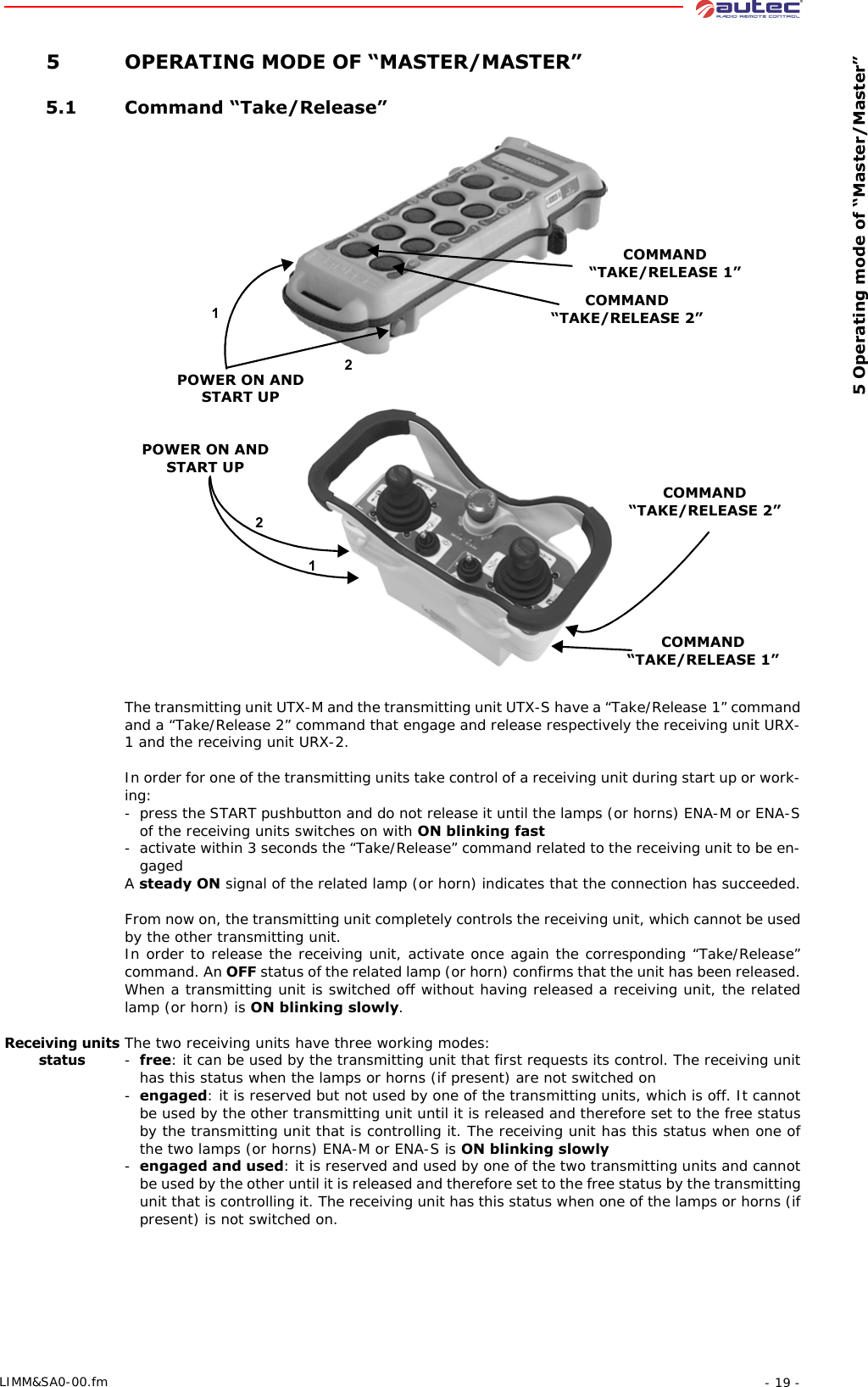  5 Operating mode of “Master/Master”- 19 -LIMM&amp;SA0-00.fm 5 OPERATING MODE OF “MASTER/MASTER” 5.1 Command “Take/Release”POWER ON AND START UP12COMMAND “TAKE/RELEASE 2”12POWER ON AND START UPCOMMAND “TAKE/RELEASE 2”COMMAND “TAKE/RELEASE 1”COMMAND “TAKE/RELEASE 1”The transmitting unit UTX-M and the transmitting unit UTX-S have a “Take/Release 1” command and a “Take/Release 2” command that engage and release respectively the receiving unit URX-1 and the receiving unit URX-2.In order for one of the transmitting units take control of a receiving unit during start up or work-ing:- press the START pushbutton and do not release it until the lamps (or horns) ENA-M or ENA-S of the receiving units switches on with ON blinking fast- activate within 3 seconds the “Take/Release” command related to the receiving unit to be en-gagedA steady ON signal of the related lamp (or horn) indicates that the connection has succeeded.From now on, the transmitting unit completely controls the receiving unit, which cannot be used by the other transmitting unit.In order to release the receiving unit, activate once again the corresponding “Take/Release” command. An OFF status of the related lamp (or horn) confirms that the unit has been released. When a transmitting unit is switched off without having released a receiving unit, the related lamp (or horn) is ON blinking slowly.Receiving units statusThe two receiving units have three working modes:-free: it can be used by the transmitting unit that first requests its control. The receiving unit has this status when the lamps or horns (if present) are not switched on-engaged: it is reserved but not used by one of the transmitting units, which is off. It cannot be used by the other transmitting unit until it is released and therefore set to the free status by the transmitting unit that is controlling it. The receiving unit has this status when one of the two lamps (or horns) ENA-M or ENA-S is ON blinking slowly-engaged and used: it is reserved and used by one of the two transmitting units and cannot be used by the other until it is released and therefore set to the free status by the transmitting unit that is controlling it. The receiving unit has this status when one of the lamps or horns (if present) is not switched on.