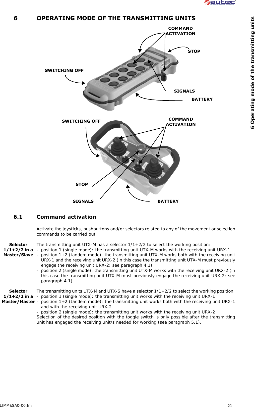  6 Operating mode of the transmitting units- 21 -LIMM&amp;SA0-00.fm 6 OPERATING MODE OF THE TRANSMITTING UNITSCOMMAND ACTIVATIONSIGNALSCOMMAND ACTIVATIONSIGNALSSWITCHING OFFSTOPBATTERYSWITCHING OFFSTOPBATTERY 6.1 Command activationActivate the joysticks, pushbuttons and/or selectors related to any of the movement or selection commands to be carried out.Selector 1/1+2/2 in a Master/SlaveThe transmitting unit UTX-M has a selector 1/1+2/2 to select the working position:- position 1 (single mode): the transmitting unit UTX-M works with the receiving unit URX-1- position 1+2 (tandem mode): the transmitting unit UTX-M works both with the receiving unit URX-1 and the receiving unit URX-2 (in this case the transmitting unit UTX-M must previously engage the receiving unit URX-2: see paragraph 4.1)- position 2 (single mode): the transmitting unit UTX-M works with the receiving unit URX-2 (in this case the transmitting unit UTX-M must previously engage the receiving unit URX-2: see paragraph 4.1)Selector 1/1+2/2 in a Master/MasterThe transmitting units UTX-M and UTX-S have a selector 1/1+2/2 to select the working position:- position 1 (single mode): the transmitting unit works with the receiving unit URX-1- position 1+2 (tandem mode): the transmitting unit works both with the receiving unit URX-1 and with the receiving unit URX-2- position 2 (single mode): the transmitting unit works with the receiving unit URX-2Selection of the desired position with the toggle switch is only possible after the transmitting unit has engaged the receiving unit/s needed for working (see paragraph 5.1).