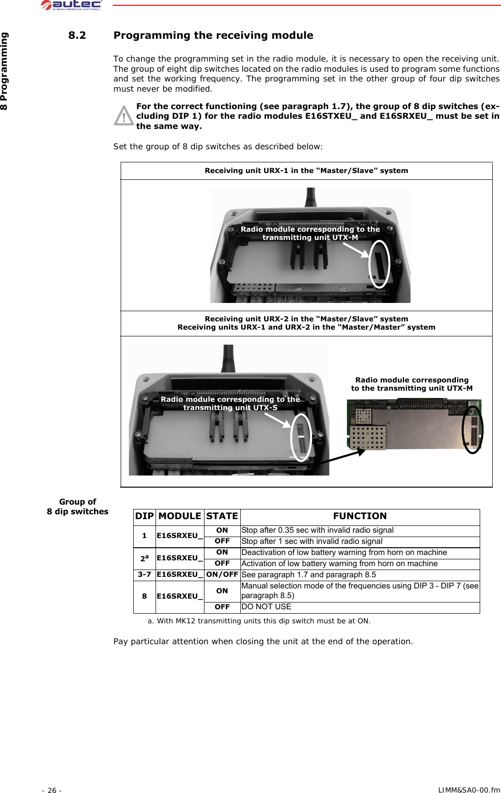  8 Programming- 26 -  LIMM&amp;SA0-00.fm 8.2 Programming the receiving moduleTo change the programming set in the radio module, it is necessary to open the receiving unit.The group of eight dip switches located on the radio modules is used to program some functions and set the working frequency. The programming set in the other group of four dip switches must never be modified.For the correct functioning (see paragraph 1.7), the group of 8 dip switches (ex-cluding DIP 1) for the radio modules E16STXEU_ and E16SRXEU_ must be set in the same way.Set the group of 8 dip switches as described below:Group of 8 dip switchesPay particular attention when closing the unit at the end of the operation.Receiving unit URX-1 in the “Master/Slave” systemReceiving unit URX-2 in the “Master/Slave” systemReceiving units URX-1 and URX-2 in the “Master/Master” systemRadio module corresponding to the transmitting unit UTX-MRadio module corresponding to the transmitting unit UTX-SRadio module corresponding to the transmitting unit UTX-MDIP MODULE STATE FUNCTION1 E16SRXEU_ ON Stop after 0.35 sec with invalid radio signalOFF Stop after 1 sec with invalid radio signal2aa. With MK12 transmitting units this dip switch must be at ON.E16SRXEU_ ON Deactivation of low battery warning from horn on machineOFF Activation of low battery warning from horn on machine3-7 E16SRXEU_ ON/OFF See paragraph 1.7 and paragraph 8.58 E16SRXEU_ ON Manual selection mode of the frequencies using DIP 3 - DIP 7 (see paragraph 8.5)OFF DO NOT USE