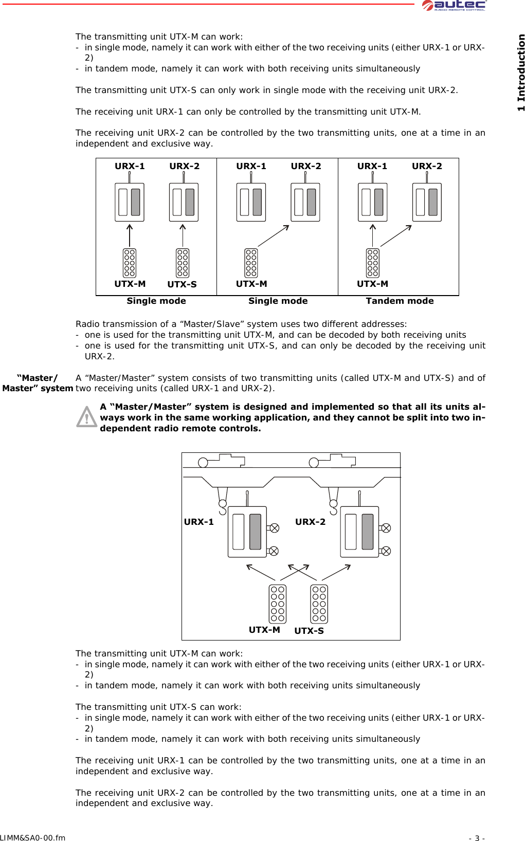  1 Introduction- 3 -LIMM&amp;SA0-00.fmThe transmitting unit UTX-M can work:- in single mode, namely it can work with either of the two receiving units (either URX-1 or URX-2)- in tandem mode, namely it can work with both receiving units simultaneouslyThe transmitting unit UTX-S can only work in single mode with the receiving unit URX-2.The receiving unit URX-1 can only be controlled by the transmitting unit UTX-M.The receiving unit URX-2 can be controlled by the two transmitting units, one at a time in an independent and exclusive way.Radio transmission of a “Master/Slave” system uses two different addresses:- one is used for the transmitting unit UTX-M, and can be decoded by both receiving units - one is used for the transmitting unit UTX-S, and can only be decoded by the receiving unit URX-2.“Master/Master” systemA “Master/Master” system consists of two transmitting units (called UTX-M and UTX-S) and of two receiving units (called URX-1 and URX-2).A “Master/Master” system is designed and implemented so that all its units al-ways work in the same working application, and they cannot be split into two in-dependent radio remote controls.The transmitting unit UTX-M can work:- in single mode, namely it can work with either of the two receiving units (either URX-1 or URX-2)- in tandem mode, namely it can work with both receiving units simultaneouslyThe transmitting unit UTX-S can work:- in single mode, namely it can work with either of the two receiving units (either URX-1 or URX-2)- in tandem mode, namely it can work with both receiving units simultaneouslyThe receiving unit URX-1 can be controlled by the two transmitting units, one at a time in an independent and exclusive way.The receiving unit URX-2 can be controlled by the two transmitting units, one at a time in an independent and exclusive way.UTX-MURX-1 URX-2UTX-S UTX-MURX-1 URX-2UTX-MURX-1 URX-2Single mode Single mode Tandem modeUTX-SUTX-MURX-1 URX-2