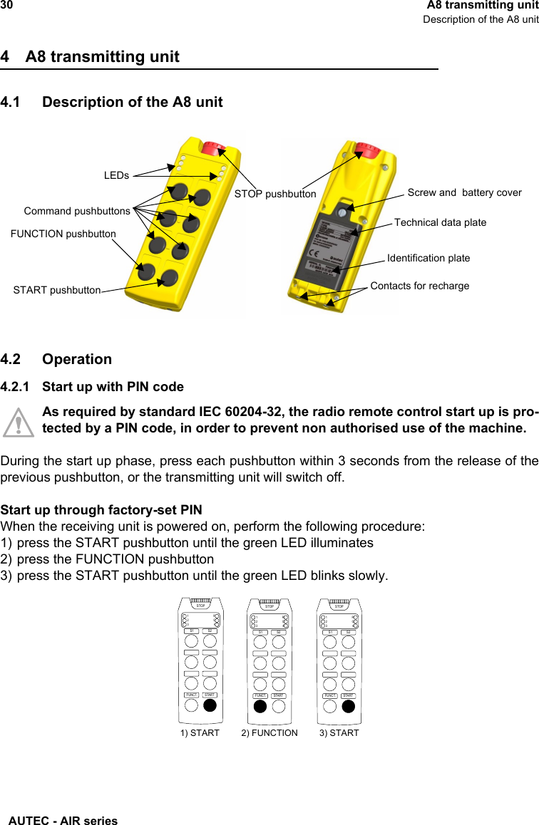 AUTEC - AIR series30 A8 transmitting unitDescription of the A8 unit4 A8 transmitting unit4.1 Description of the A8 unit4.2 Operation4.2.1 Start up with PIN codeAs required by standard IEC 60204-32, the radio remote control start up is pro-tected by a PIN code, in order to prevent non authorised use of the machine.During the start up phase, press each pushbutton within 3 seconds from the release of theprevious pushbutton, or the transmitting unit will switch off.Start up through factory-set PINWhen the receiving unit is powered on, perform the following procedure:1) press the START pushbutton until the green LED illuminates2) press the FUNCTION pushbutton3) press the START pushbutton until the green LED blinks slowly.LEDsSTOP pushbuttonCommand pushbuttonsTechnical data plateIdentification plateSTART pushbuttonFUNCTION pushbuttonContacts for rechargeScrew and  battery coverSTARTFUNCT.1234RGSTOPS1 S2STARTFUNCT.1234RGSTOPS1 S21) START 2) FUNCTION 3) STARTSTARTFUNCT.1234RGSTOPS1 S2