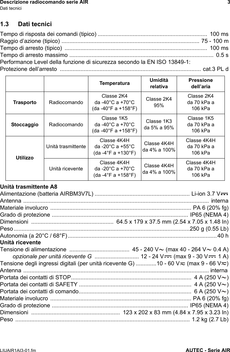 Descrizione radiocomando serie AIR 3Dati tecniciLIUAIR1AI3-01.fm AUTEC - Serie AIR1.3 Dati tecniciTempo di risposta dei comandi (tipico) .....................................................................  100 msRaggio d’azione (tipico) ....................................................................................... 75 - 100 mTempo di arresto (tipico)  ..........................................................................................  100 msTempo di arresto massimo ...........................................................................................  0.5 sPerformance Level della funzione di sicurezza secondo la EN ISO 13849-1:Protezione dell’arresto  ......................................................................................... cat.3 PL dUnità trasmittente A8Alimentazione (batteria AIRBM3V7L) ............................................................ Li-ion 3.7 VAntenna ..................................................................................................................... internaMateriale involucro ......................................................................................... PA 6 (20% fg)Grado di protezione ...................................................................................... IP65 (NEMA 4)Dimensioni  ....................................................  64.5 x 179 x 37.5 mm (2.54 x 7.05 x 1.48 In)Peso...............................................................................................................250 g (0.55 Lb)Autonomia (a 20°C / 68°F)..............................................................................................40 hUnità riceventeTensione di alimentazione  ......................................  45 - 240 V  (max 40 - 264 V  0.4 A)        opzionale per unità ricevente G  ............................ 12 - 24 V  (max 9 - 30 V  1 A)Tensione degli ingressi digitali (per unità ricevente G) .............10 - 60 V  (max 9 - 66 V )Antenna ..................................................................................................................... interna Portata dei contatti di STOP............................................................................  4 A (250 V )Portata dei contatti di SAFETY .......................................................................  4 A (250 V )Portata dei contatti di comando.......................................................................  6 A (250 V )Materiale involucro ......................................................................................... PA 6 (20% fg)Grado di protezione ...................................................................................... IP65 (NEMA 4)Dimensioni ........................................................  123 x 202 x 83 mm (4.84 x 7.95 x 3.23 In)Peso .............................................................................................................. 1.2 kg (2.7 Lb)Temperatura Umidità relativaPressione dell’ariaTrasporto RadiocomandoClasse 2K4da -40°C a +70°C(da -40°F a +158°F)Classe 2K495%Classe 2K4da 70 kPa a 106 kPaStoccaggio RadiocomandoClasse 1K5da -40°C a +70°C(da -40°F a +158°F)Classe 1K3da 5% a 95%Classe 1K5da 70 kPa a 106 kPaUtilizzoUnità trasmittenteClasse 4K4Hda -20°C a +55°C(da -4°F a +130°F)Classe 4K4Hda 4% a 100%Classe 4K4Hda 70 kPa a 106 kPaUnità riceventeClasse 4K4Hda -20°C a +70°C(da -4°F a +158°F)Classe 4K4Hda 4% a 100%Classe 4K4Hda 70 kPa a 106 kPa