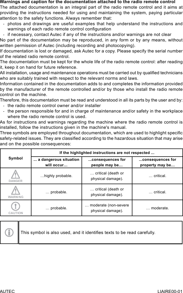 Warnings and caption for the documentation attached to the radio remote controlThe attached documentation is an integral part of the radio remote control and it aims at providing the instructions needed for using and maintaining the system, paying particular attention to the safety functions. Always remember that: -photos and drawings are useful examples that help understand the instructions and warnings of each radio remote control conguration -if necessary, contact Autec if any of the instructions and/or warnings are not clearNo part of the documentation may be reproduced, in any form or by any means, without written permission of Autec (including recording and photocopying).If documentation is lost or damaged, ask Autec for a copy. Please specify the serial number of the related radio remote control.The documentation must be kept for the whole life of the radio remote control: after reading it, keep it on hand for future reference.All installation, usage and maintenance operations must be carried out by qualied technicians who are suitably trained with respect to the relevant norms and laws.Information contained in the documentation adds to and completes the information provided by the manufacturer of the remote controlled and/or by those who install the radio remote control on the machine.Therefore, this documentation must be read and understood in all its parts by the user and by: -the radio remote control owner and/or installer -the person responsible for and in charge of maintenance and/or safety in the workplace where the radio remote control is used.As for instructions and warnings regarding the machine where the radio remote control is installed, follow the instructions given in the machine&apos;s manual.Three symbols are employed throughout documentation, which are used to highlight specic safety-related issues. They are classied according to the hazardous situation that may arise and on the possible consequences:SymbolIf the highlighted instructions are not respected ...... a dangerous situation will occur…...consequences for people may be…...consequences for property may be……highly probable. … critical (death or physical damage). … critical.… probable. … critical (death or physical damage). … critical.… probable. … moderate (non-severe physical damage). … moderate.This symbol is also used, and it identies texts to be read carefully.AUTEC LIAIRE00-01