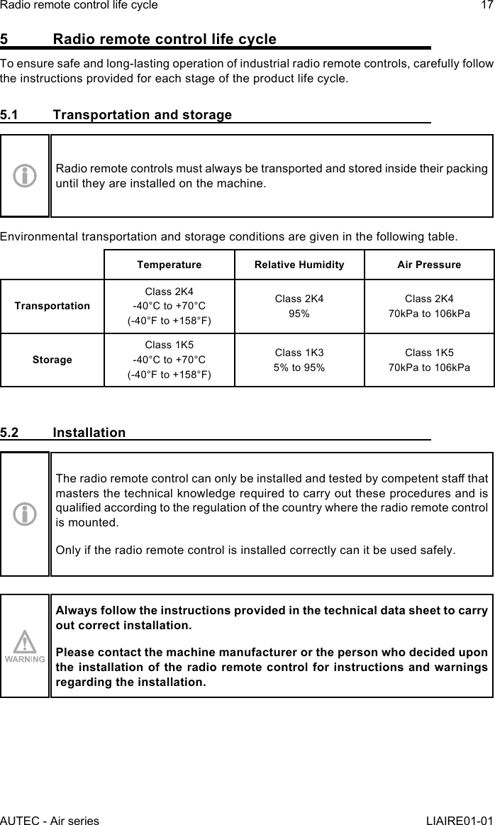 AUTEC - Air seriesRadio remote control life cycle 17LIAIRE01-015  Radio remote control life cycleTo ensure safe and long-lasting operation of industrial radio remote controls, carefully follow the instructions provided for each stage of the product life cycle.5.1  Transportation and storageRadio remote controls must always be transported and stored inside their packing until they are installed on the machine.Environmental transportation and storage conditions are given in the following table.Temperature Relative Humidity Air PressureTransportationClass 2K4-40°C to +70°C(-40°F to +158°F)Class 2K495%Class 2K470kPa to 106kPaStorageClass 1K5-40°C to +70°C(-40°F to +158°F)Class 1K35% to 95%Class 1K570kPa to 106kPa5.2 InstallationThe radio remote control can only be installed and tested by competent sta that masters the technical knowledge required to carry out these procedures and is qualied according to the regulation of the country where the radio remote control is mounted.Only if the radio remote control is installed correctly can it be used safely.Always follow the instructions provided in the technical data sheet to carry out correct installation.Please contact the machine manufacturer or the person who decided upon the installation of the radio remote control for instructions and warnings regarding the installation.