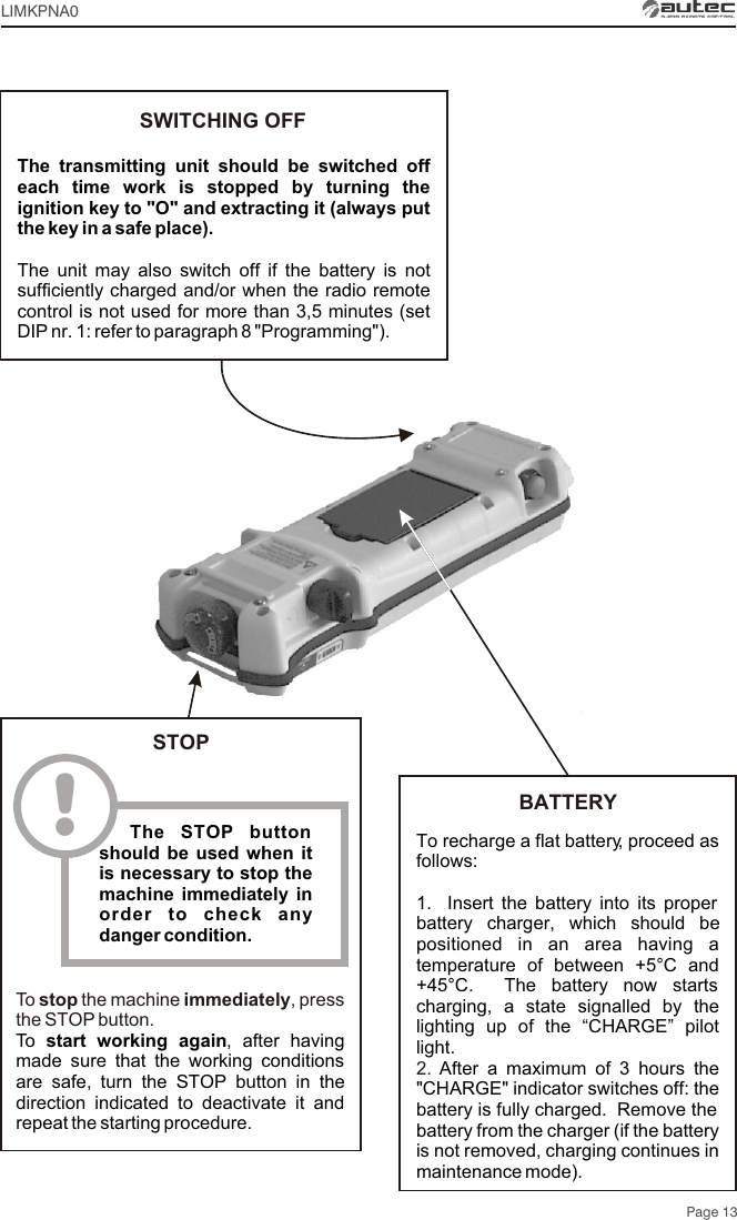 To recharge a flat battery, proceed as follows:1.  Insert the battery into its proper battery charger, which should be positioned in an area having a temperature of between +5°C and +45°C.  The battery now starts charging, a state signalled by the lighting up of the “CHARGE” pilot light.After a maximum of 3 hours the &quot;CHARGE&quot; indicator switches off: the battery is fully charged.  Remove the battery from the charger (if the battery is not removed, charging continues in maintenance mode).2. !  The STOP button should be used when it is necessary to stop the machine immediately in order to check any danger condition.STOPTo  stop the machine immediately, press the STOP button.To  start working again, after having made sure that the working conditions are safe, turn the STOP button in the direction indicated to deactivate it and repeat the starting procedure.Page 13SWITCHING OFFLIMKPNA0The transmitting unit should be switched off each time work is stopped by turning the ignition key to &quot;O&quot; and extracting it (always put the key in a safe place).The unit may also switch off if the battery is not sufficiently charged and/or when the radio remote control is not used for more than 3,5 minutes (set DIP nr. 1: refer to paragraph 8 &quot;Programming&quot;).BATTERY