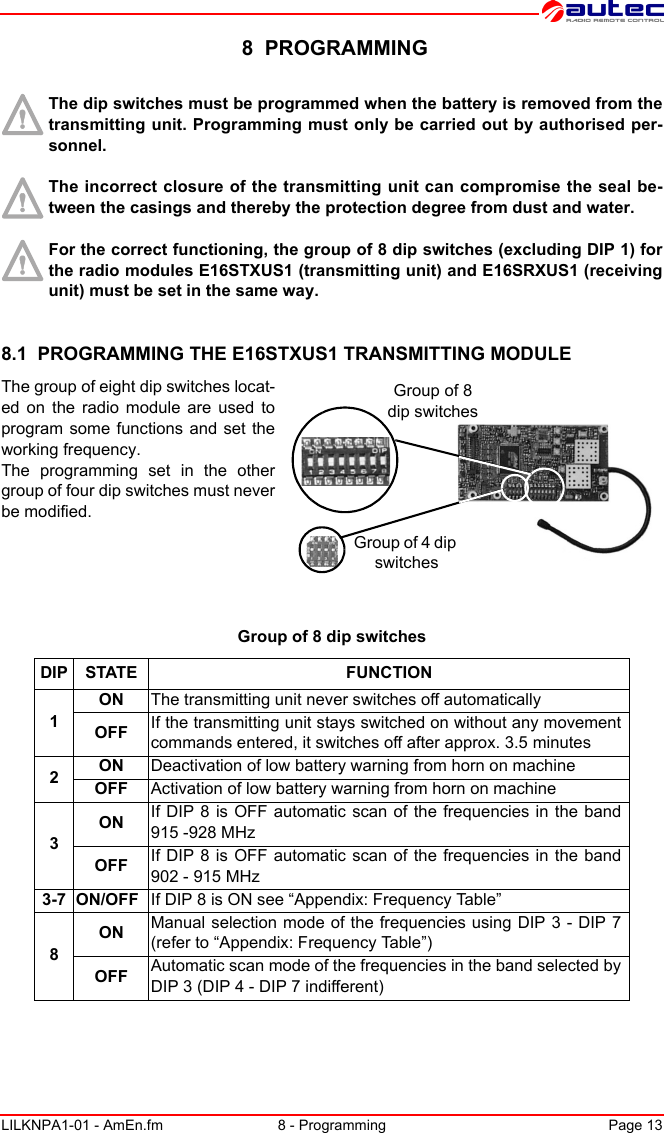 LILKNPA1-01 - AmEn.fm 8 - Programming Page 13 8  PROGRAMMINGThe dip switches must be programmed when the battery is removed from the transmitting unit. Programming must only be carried out by authorised per-sonnel.The incorrect closure of the transmitting unit can compromise the seal be-tween the casings and thereby the protection degree from dust and water.For the correct functioning, the group of 8 dip switches (excluding DIP 1) for the radio modules E16STXUS1 (transmitting unit) and E16SRXUS1 (receiving unit) must be set in the same way.8.1  PROGRAMMING THE E16STXUS1 TRANSMITTING MODULEGroup of 8 dip switchesGroup of 4 dip switchesThe group of eight dip switches locat-ed on the radio module are used to program some functions and set the working frequency.The programming set in the other group of four dip switches must never be modified.Group of 8 dip switchesDIP STATE FUNCTION1ONOFF2ONOFF3ONOFF3-78ONOFFThe transmitting unit never switches off automaticallyIf the transmitting unit stays switched on without any movement commands entered, it switches off after approx. 3.5 minutesDeactivation of low battery warning from horn on machineActivation of low battery warning from horn on machineIf DIP 8 is OFF automatic scan of the frequencies in the band 915 -928 MHzIf DIP 8 is OFF automatic scan of the frequencies in the band 902 - 915 MHzON/OFF If DIP 8 is ON see “Appendix: Frequency Table”Manual selection mode of the frequencies using DIP 3 - DIP 7 (refer to “Appendix: Frequency Table”)Automatic scan mode of the frequencies in the band selected by DIP 3 (DIP 4 - DIP 7 indifferent)