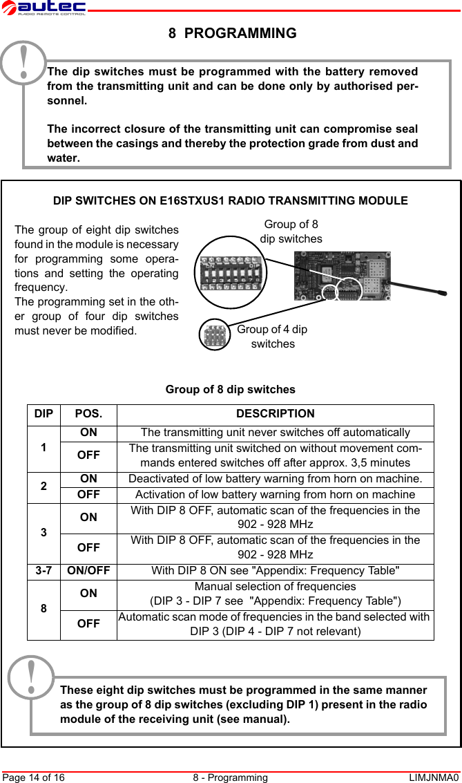 Page 14 of 16 8 - Programming LIMJNMA0English 8  PROGRAMMINGThe dip switches must be programmed with the battery removedfrom the transmitting unit and can be done only by authorised per-sonnel.The incorrect closure of the transmitting unit can compromise sealbetween the casings and thereby the protection grade from dust andwater.DIP SWITCHES ON E16STXUS1 RADIO TRANSMITTING MODULEThe group of eight dip switchesfound in the module is necessaryfor programming some opera-tions and setting the operatingfrequency.The programming set in the oth-er group of four dip switchesmust never be modified.Group of 8 dip switchesDIP POS. DESCRIPTION1ON The transmitting unit never switches off automaticallyOFF The transmitting unit switched on without movement com-mands entered switches off after approx. 3,5 minutes2ON Deactivated of low battery warning from horn on machine.OFF Activation of low battery warning from horn on machine3ON With DIP 8 OFF, automatic scan of the frequencies in the 902 - 928 MHzOFF With DIP 8 OFF, automatic scan of the frequencies in the 902 - 928 MHz3-7 ON/OFF With DIP 8 ON see &quot;Appendix: Frequency Table&quot;8ON Manual selection of frequencies (DIP 3 - DIP 7 see  &quot;Appendix: Frequency Table&quot;)OFF Automatic scan mode of frequencies in the band selected with DIP 3 (DIP 4 - DIP 7 not relevant)!Group of 8 dip switchesGroup of 4 dip switchesThese eight dip switches must be programmed in the same manneras the group of 8 dip switches (excluding DIP 1) present in the radiomodule of the receiving unit (see manual).!