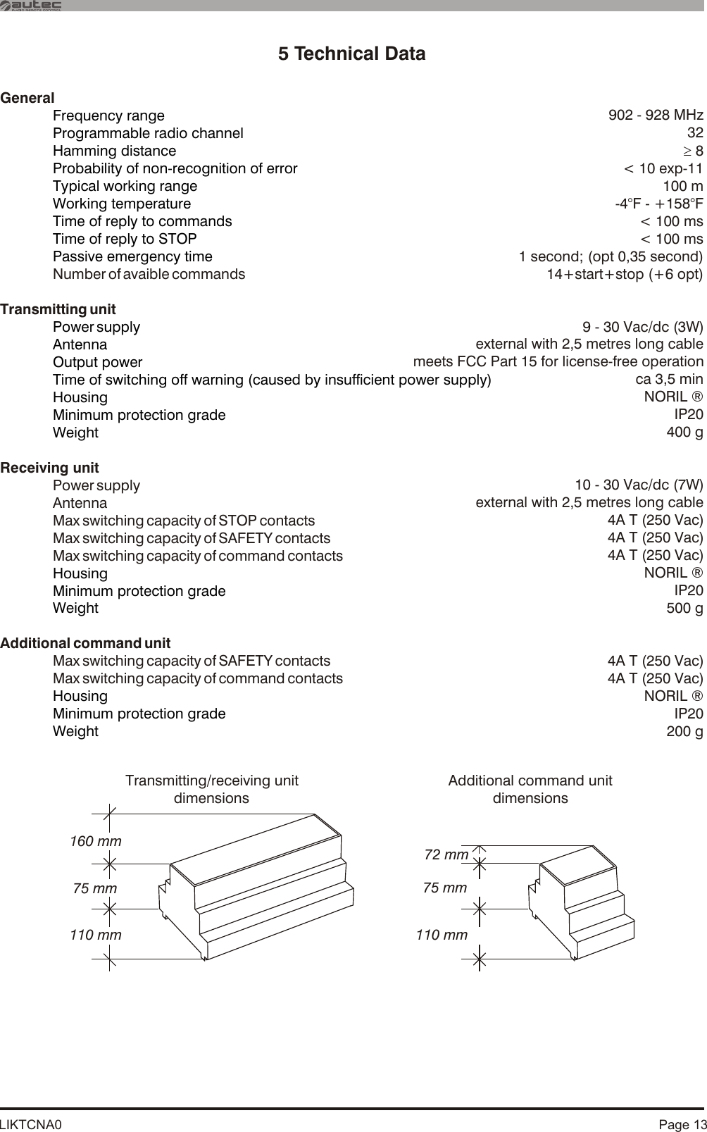 5 Technical DataGeneralNumber of avaible commandsTransmitting unitReceiving unitPower supplyAntenna Max switching capacity of STOP contactsMax switching capacity of SAFETY contactsMax switching capacity of command contactsAdditional command unitMax switching capacity of SAFETY contactsMax switching capacity of command contactsFrequency rangeProgrammable radio channelHamming distanceProbability of non-recognition of errorTypical working rangeWorking temperatureTime of reply to commandsTime of reply to STOPPassive emergency timePower supply Antenna Output power Time of switching off warning (caused by insufficient power supply)Housing Minimum protection gradeWeightHousing Minimum protection gradeWeightHousing Minimum protection gradeWeight160 mm75 mm110 mm72 mm75 mm110 mm902 - 928 MHz32 &lt; 10 exp-11100 m-4°F - +158°F&lt; 100 ms&lt; 100 ms1 second; (opt 0,35 second)14+start+stop (+6 opt)9 - 30 Vac/dc (3W)external with 2,5 metres long cablemeets FCC Part 15 for license-free operationca 3,5 minNORIL ® IP20400 g10 - 30 Vac/dc (7W)external with 2,5 metres long cable4A T (250 Vac)4A T (250 Vac)4A T (250 Vac)NORIL ® IP20500 g4A T (250 Vac)4A T (250 Vac)NORIL ® IP20200 g³ 8Additional command unitdimensionsTransmitting/receiving unit dimensionsLIKTCNA0 Page 13
