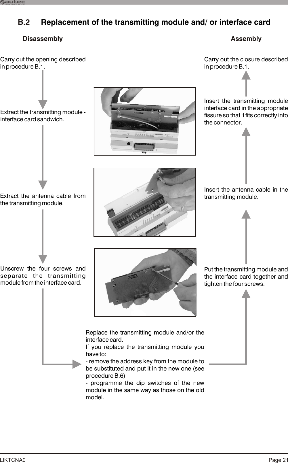 LIKTCNA0 Page 21B.2     Replacement of the transmitting module and/ or interface cardDisassemblyCarry out the opening described in procedure B.1.AssemblyCarry out the closure described in procedure B.1.Extract the transmitting module - interface card sandwich.Insert the antenna cable in the transmitting module.Unscrew the four screws and separate the transmitting module from the interface card.Insert the transmitting module interface card in the appropriate fissure so that it fits correctly into the connector.Put the transmitting module and the interface card together and tighten the four screws.Replace the transmitting module and/or the interface card.If you replace the transmitting module you have to:- remove the address key from the module to be substituted and put it in the new one (see procedure B.6)- programme the dip switches of the new module in the same way as those on the old model.Extract the antenna cable from the transmitting module.