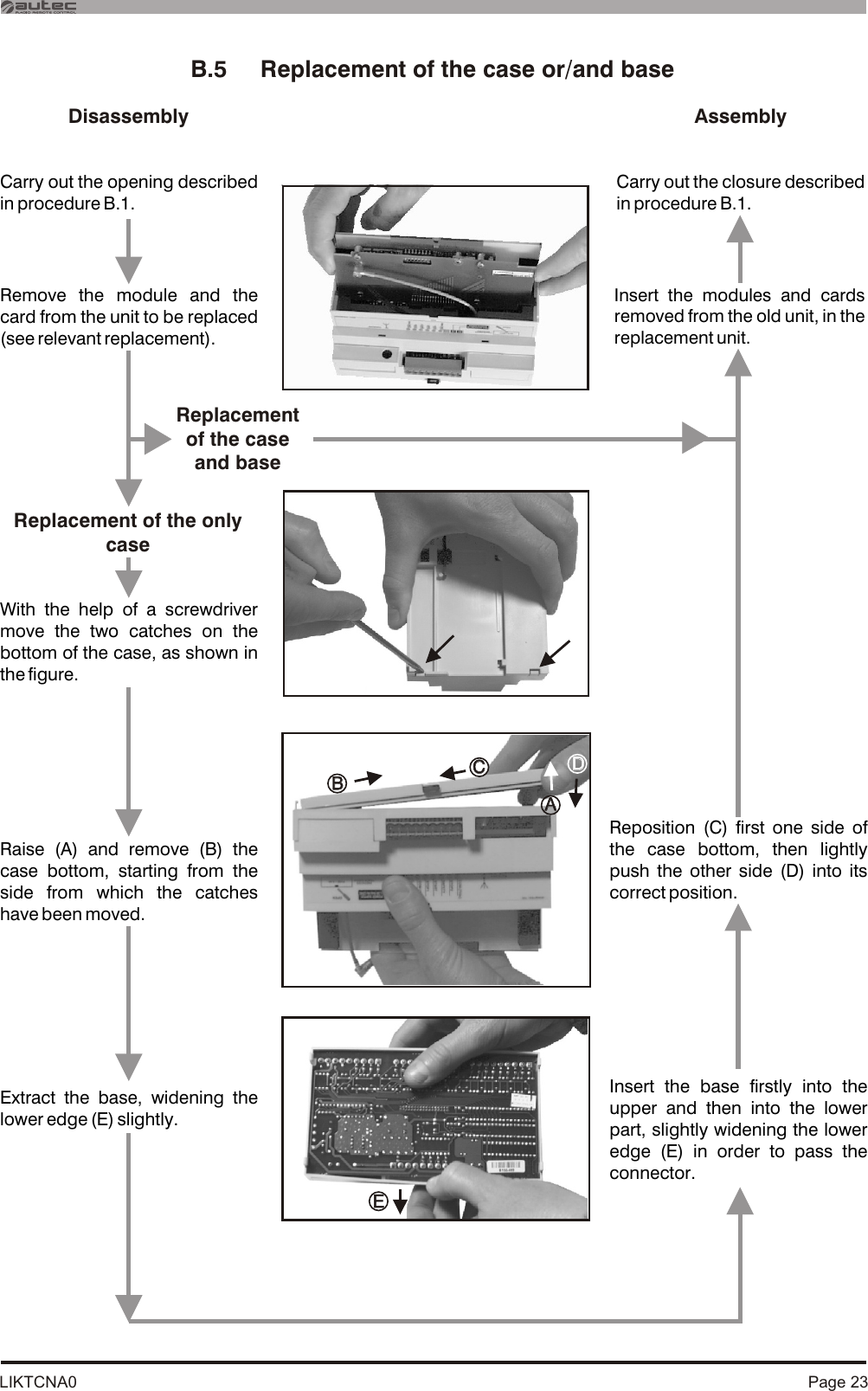 LIKTCNA0 Page 23Carry out the opening described in procedure B.1.Carry out the closure described in procedure B.1.Remove the module and the card from the unit to be replaced (see relevant replacement).Insert the modules and cards removed from the old unit, in the replacement unit.Replacement of the only case Replacement of the case and baseEEWith the help of a screwdriver move the two catches on the bottom of the case, as shown in the figure.Raise (A) and remove (B) the case bottom, starting from the side from which the catches have been moved.Extract the base, widening the lower edge (E) slightly.Reposition (C) first one side of the case bottom, then lightly push the other side (D) into its correct position.Insert the base firstly into the upper and then into the lower part, slightly widening the lower edge (E) in order to pass the connector.B.5     Replacement of the case or/and baseDisassembly AssemblyDDAABBCC