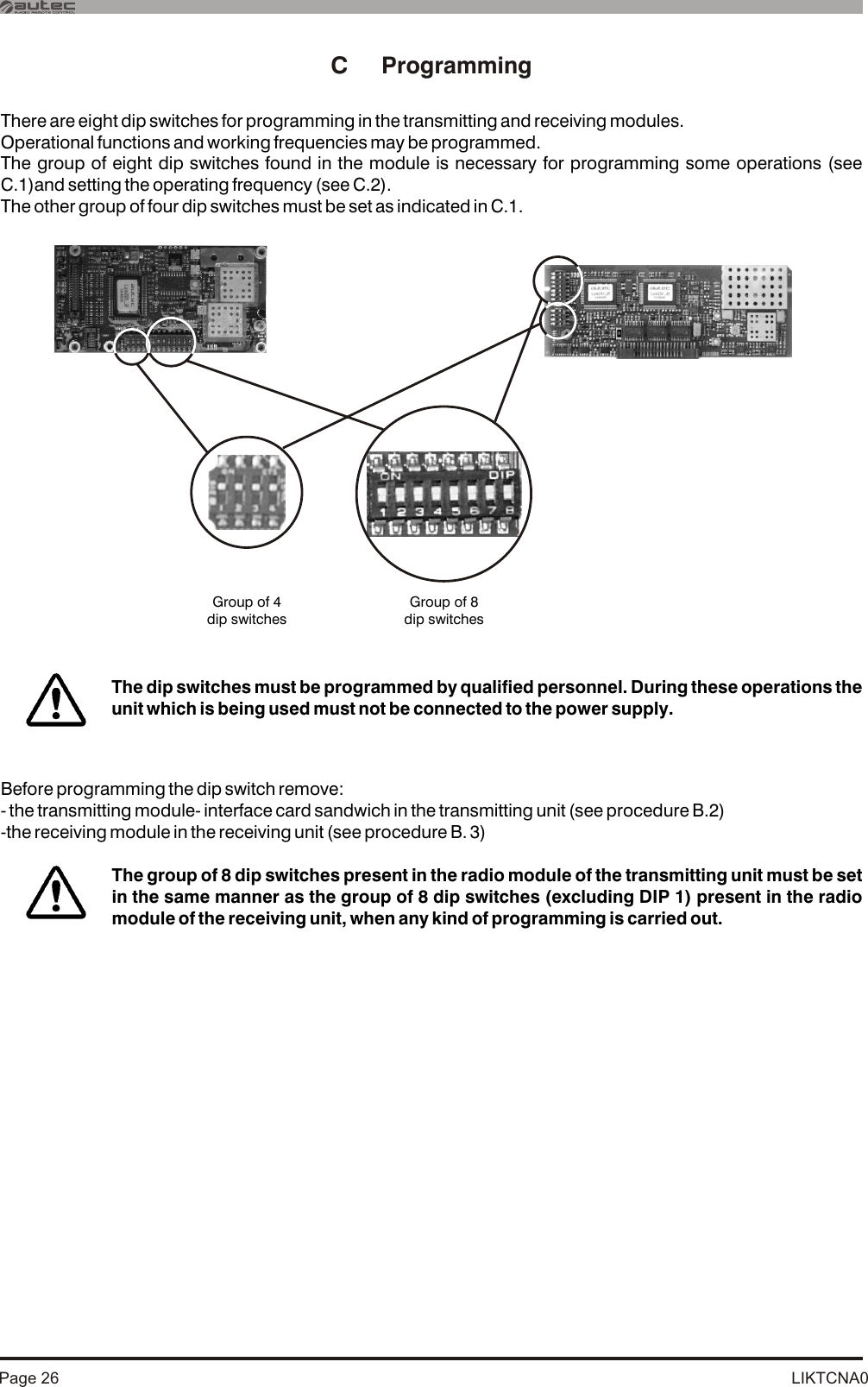 C     ProgrammingThere are eight dip switches for programming in the transmitting and receiving modules.Operational functions and working frequencies may be programmed.The group of eight dip switches found in the module is necessary for programming some operations (see C.1)and setting the operating frequency (see C.2).The other group of four dip switches must be set as indicated in C.1.Before programming the dip switch remove:- the transmitting module- interface card sandwich in the transmitting unit (see procedure B.2)-the receiving module in the receiving unit (see procedure B. 3) The group of 8 dip switches present in the radio module of the transmitting unit must be set in the same manner as the group of 8 dip switches (excluding DIP 1) present in the radio module of the receiving unit, when any kind of programming is carried out.The dip switches must be programmed by qualified personnel. During these operations the unit which is being used must not be connected to the power supply. Group of 8 dip switchesGroup of 4 dip switchesLIKTCNA0Page 26