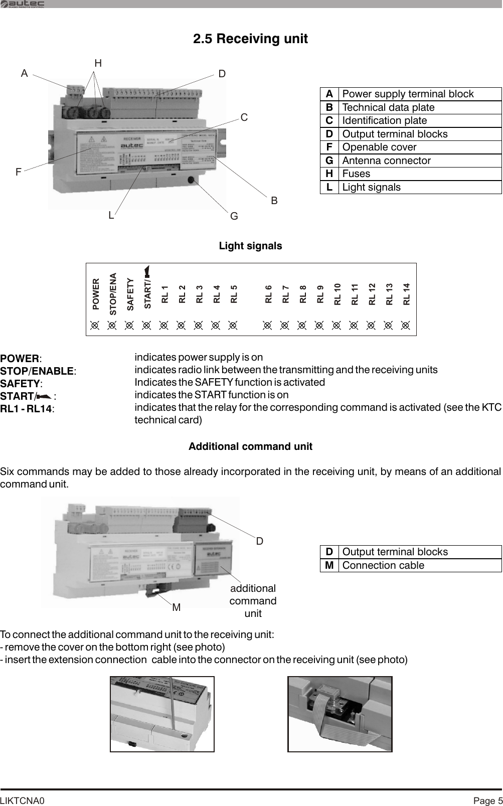 LIKTCNA0 Page 5  2.5 Receiving unitLight signalsPOWER:STOP/ENABLE:SAFETY:START/      :RL1 - RL14:Additional command unit Six commands may be added to those already incorporated in the receiving unit, by means of an additional command unit.To connect the additional command unit to the receiving unit:- remove the cover on the bottom right (see photo)- insert the extension connection  cable into the connector on the receiving unit (see photo)DMadditional command unit indicates power supply is onindicates radio link between the transmitting and the receiving unitsIndicates the SAFETY function is activatedindicates the START function is onindicates that the relay for the corresponding command is activated (see the KTC technical card)AHBCDFLGSTOP/ENAPOWERSTART/SAFETYRL 1RL 2RL 3RL 4RL 5RL 6RL 7RL 8RL 9RL 10RL 11RL 12RL 13RL 14A  Power supply terminal block B  Technical data plateC  Identification plate D  Output terminal blocks F  Openable cover G  Antenna connector H  Fuses  L  Light signals  D  Output terminal blocks M  Connection cable  