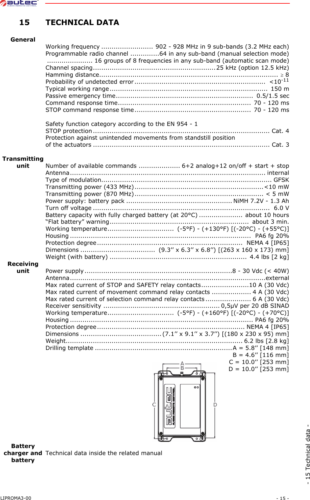 - 15 -LIPROMA3-00- 15 Technical data - 15TECHNICAL DATAGeneralWorking frequency ......................... 902 - 928 MHz in 9 sub-bands (3.2 MHz each)Programmable radio channel ..............64 in any sub-band (manual selection mode)...................... 16 groups of 8 frequencies in any sub-band (automatic scan mode)Channel spacing...........................................................25 kHz (option 12.5 kHz)Hamming distance...................................................................................... ≥ 8Probability of undetected error ...............................................................  &lt;10-11Typical working range............................................................................  150 mPassive emergency time..................................................................  0.5/1.5 secCommand response time................................................................  70 - 120 msSTOP command response time........................................................ 70 - 120 msSafety function category according to the EN 954 - 1STOP protection..................................................................................... Cat. 4Protection against unintended movements from standstill positionof the actuators ..................................................................................... Cat. 3Transmitting unit Number of available commands .................... 6+2 analog+12 on/off + start + stopAntenna.............................................................................................. internalType of modulation.................................................................................. GFSKTransmitting power (433 MHz)..............................................................&lt;10 mWTransmitting power (870 MHz).............................................................. &lt; 5 mWPower supply: battery pack ................................................... NiMH 7.2V - 1.3 AhTurn off voltage .....................................................................................  6.0 VBattery capacity with fully charged battery (at 20°C) ..................... about 10 hours“Flat battery” warning...................................................................  about 3 min.Working temperature................................  (-5°F) - (+130°F) [(-20°C) - (+55°C)]Housing .......................................................................................  PA6 fg 20%Protection degree......................................................................  NEMA 4 [IP65]Dimensions ....................................  (9.3’’ x 6.3’’ x 6.8’’) [(263 x 160 x 173) mm]Weight (with battery) ..................................................................  4.4 lbs [2 kg]Receiving unit Power supply .......................................................................8 - 30 Vdc (&lt; 40W)Antenna..............................................................................................externalMax rated current of STOP and SAFETY relay contacts.......................10 A (30 Vdc)Max rated current of movement command relay contacts ................... 4 A (30 Vdc)Max rated current of selection command relay contacts ...................... 6 A (30 Vdc)Receiver sensitivity ........................................................ 0,5µV per 20 dB SINADWorking temperature................................  (-5°F) - (+160°F) [(-20°C) - (+70°C)]Housing ........................................................................................ PA6 fg 20%Protection degree....................................................................... NEMA 4 [IP65]Dimensions ....................................... (7.1’’ x 9.1’’ x 3.7’’) [(180 x 230 x 95) mm]Weight..................................................................................... 6.2 lbs [2.8 kg]Drilling template .................................................................. A = 5.8’’ [148 mm]B = 4.6’’ [116 mm]C = 10.0’’ [253 mm]D = 10.0’’ [253 mm]Battery charger and batteryTechnical data inside the related manual