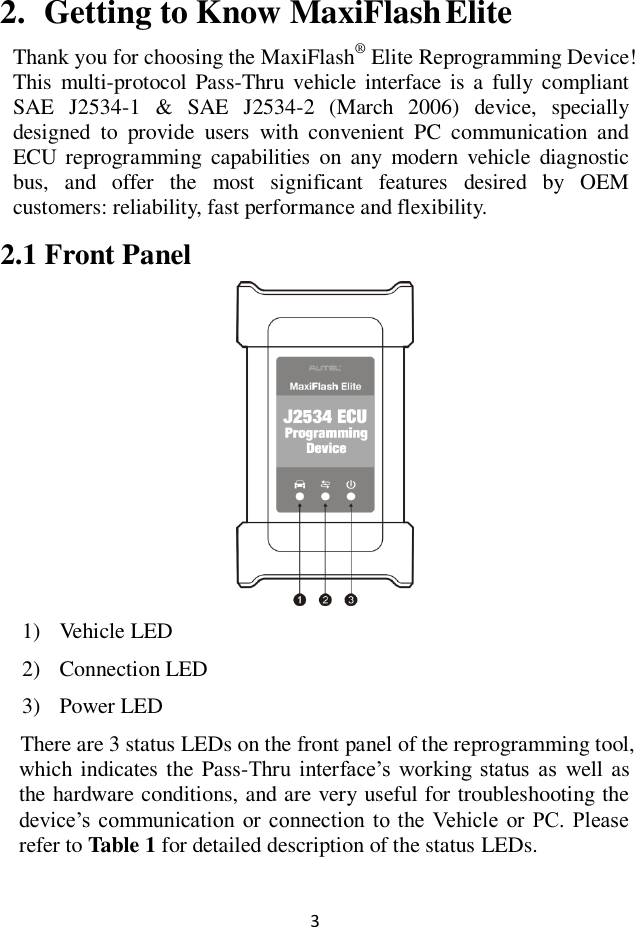 3  2. Getting to Know MaxiFlash Elite Thank you for choosing the MaxiFlash® Elite Reprogramming Device! This  multi-protocol  Pass-Thru vehicle interface  is  a  fully compliant SAE  J2534-1  &amp;  SAE  J2534-2  (March  2006)  device,  specially designed  to  provide  users  with  convenient  PC  communication  and ECU reprogramming  capabilities  on  any  modern  vehicle  diagnostic bus,  and  offer  the  most  significant  features  desired  by  OEM customers: reliability, fast performance and flexibility. 2.1 Front Panel  1) Vehicle LED 2) Connection LED 3) Power LED There are 3 status LEDs on the front panel of the reprogramming tool, which  indicates the Pass-Thru  interface’s  working  status  as well as the hardware conditions, and are very useful for troubleshooting the device’s communication  or  connection to the Vehicle  or PC. Please refer to Table 1 for detailed description of the status LEDs.  