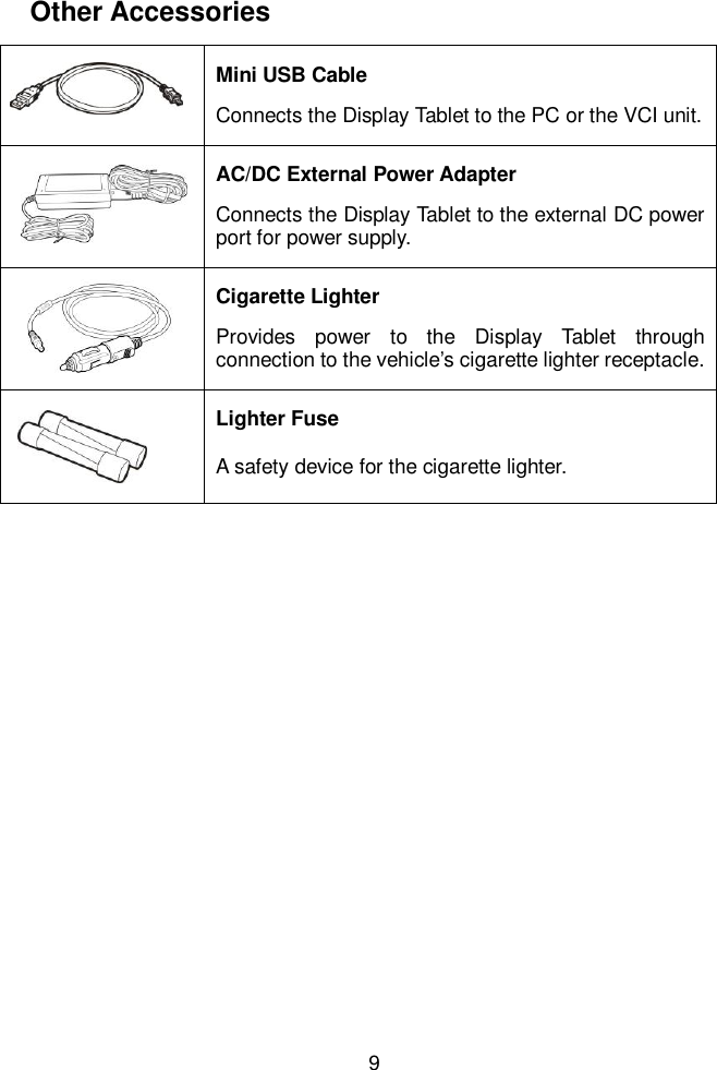  9  Other Accessories  Mini USB Cable Connects the Display Tablet to the PC or the VCI unit.  AC/DC External Power Adapter Connects the Display Tablet to the external DC power port for power supply.  Cigarette Lighter Provides  power  to  the  Display  Tablet  through connection to the vehicle’s cigarette lighter receptacle.  Lighter Fuse A safety device for the cigarette lighter. 