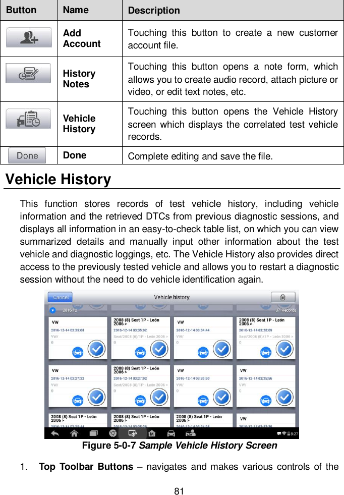 81  Button Name Description  Add Account Touching  this  button  to  create  a  new  customer account file.  History Notes Touching  this  button  opens  a  note  form,  which allows you to create audio record, attach picture or video, or edit text notes, etc.  Vehicle History Touching  this  button  opens  the  Vehicle  History screen  which displays the correlated test vehicle records.  Done Complete editing and save the file. Vehicle History This  function  stores  records  of  test  vehicle  history,  including  vehicle information and the retrieved DTCs from previous diagnostic sessions, and displays all information in an easy-to-check table list, on which you can view summarized  details  and  manually  input  other  information  about  the  test vehicle and diagnostic loggings, etc. The Vehicle History also provides direct access to the previously tested vehicle and allows you to restart a diagnostic session without the need to do vehicle identification again. Figure 5-0-7 Sample Vehicle History Screen 1. Top Toolbar Buttons – navigates and makes various controls of the 