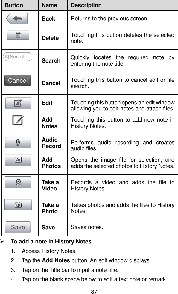  87  Button Name Description  Back Returns to the previous screen.    Delete Touching this button deletes the selected note.  Search Quickly  locates  the  required  note  by entering the note title.  Cancel Touching this button to cancel edit or file search.  Edit Touching this button opens an edit window allowing you to edit notes and attach files.  Add Notes Touching this button to  add  new note in History Notes.  Audio Record Performs  audio  recording  and  creates audio files.  Add Photos Opens  the  image  file  for  selection,  and adds the selected photos to History Notes.  Take a Video Records  a  video  and  adds  the  file  to History Notes.  Take a Photo Takes photos and adds the files to History Notes.  Save Saves notes.  To add a note in History Notes 1.  Access History Notes. 2.  Tap the Add Notes button. An edit window displays. 3.  Tap on the Title bar to input a note title. 4.  Tap on the blank space below to edit a text note or remark. 