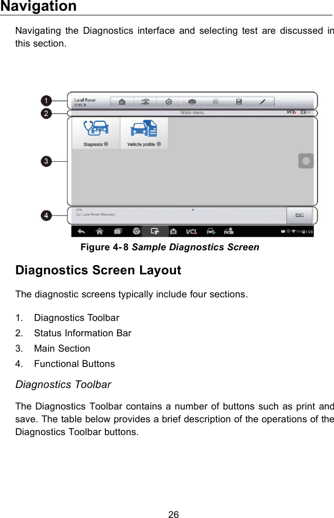 26NavigationNavigating the Diagnostics interface and selecting test are discussed inthis section.Diagnostics Screen LayoutThe diagnostic screens typically include four sections.1. Diagnostics Toolbar2. Status Information Bar3. Main Section4. Functional ButtonsDiagnostics ToolbarThe Diagnostics Toolbar contains a number of buttons such as print andsave. The table below provides a brief description of the operations of theDiagnostics Toolbar buttons.Figure 4- 8 Sample Diagnostics Screen