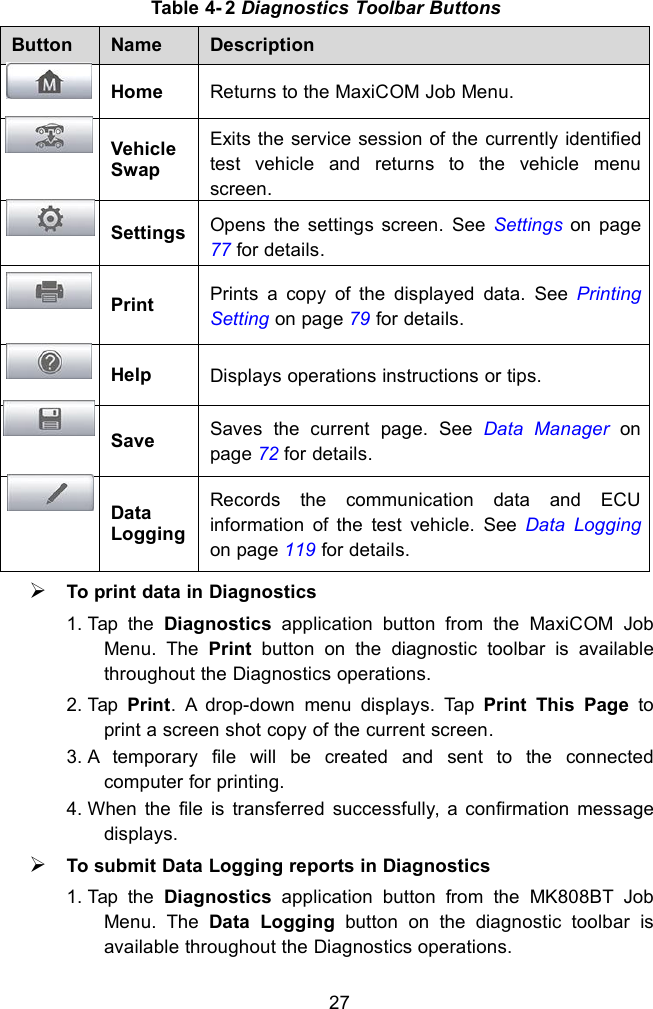 27Table 4- 2 Diagnostics Toolbar ButtonsButtonNameDescriptionHomeReturns to the MaxiCOM Job Menu.VehicleSwapExits the service session of the currently identifiedtest vehicle and returns to the vehicle menuscreen.SettingsOpens the settings screen. See Settings on page77 for details.PrintPrints a copy of the displayed data. See PrintingSetting on page 79 for details.HelpDisplays operations instructions or tips.SaveSaves the current page. See Data Manager onpage 72 for details.DataLoggingRecords the communication data and ECUinformation of the test vehicle. See Data Loggingon page 119 for details.To print data in Diagnostics1. Tap the Diagnostics application button from the MaxiCOM JobMenu. The Print button on the diagnostic toolbar is availablethroughout the Diagnostics operations.2. Tap Print. A drop-down menu displays. Tap Print This Page toprint a screen shot copy of the current screen.3. A temporary file will be created and sent to the connectedcomputer for printing.4. When the file is transferred successfully, a confirmation messagedisplays.To submit Data Logging reports in Diagnostics1. Tap the Diagnostics application button from the MK808BT JobMenu. The Data Logging button on the diagnostic toolbar isavailable throughout the Diagnostics operations.