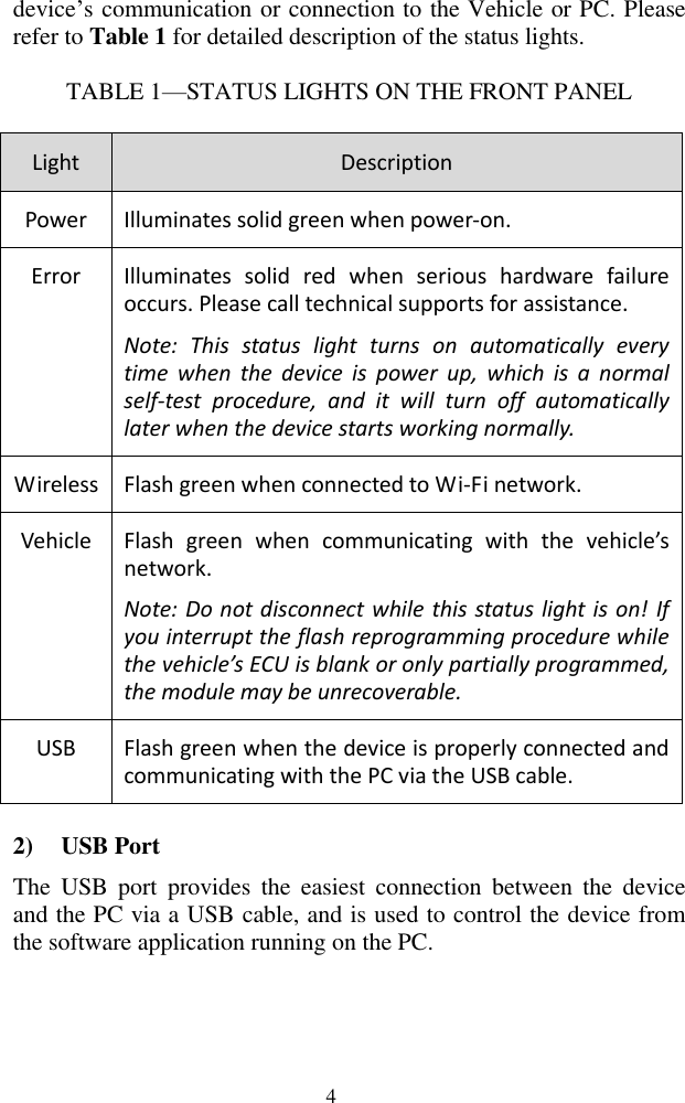  4 device’s communication or connection to the Vehicle or PC. Please refer to Table 1 for detailed description of the status lights. TABLE 1—STATUS LIGHTS ON THE FRONT PANEL Light Description Power Illuminates solid green when power-on. Error Illuminates  solid  red  when  serious  hardware  failure occurs. Please call technical supports for assistance. Note:  This  status  light  turns  on  automatically  every time  when  the  device  is  power  up,  which  is  a  normal self-test  procedure,  and  it  will  turn  off  automatically later when the device starts working normally. Wireless Flash green when connected to Wi-Fi network. Vehicle Flash  green  when  communicating  with  the  vehicle’s network. Note: Do not disconnect while this status light is on! If you interrupt the flash reprogramming procedure while the vehicle’s ECU is blank or only partially programmed, the module may be unrecoverable.   USB Flash green when the device is properly connected and communicating with the PC via the USB cable. 2) USB Port   The  USB  port  provides  the  easiest  connection  between  the  device and the PC via a USB cable, and is used to control the device from the software application running on the PC.   